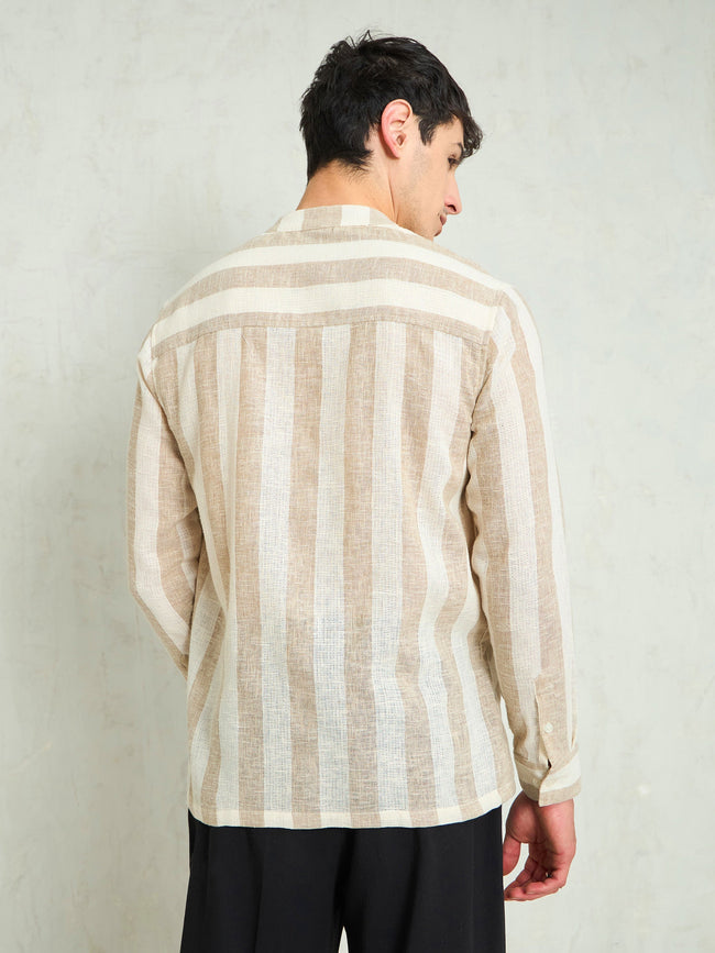 Men Brown & Beige Cotton Striped Mandarin Collar Relax Fit Shirt
