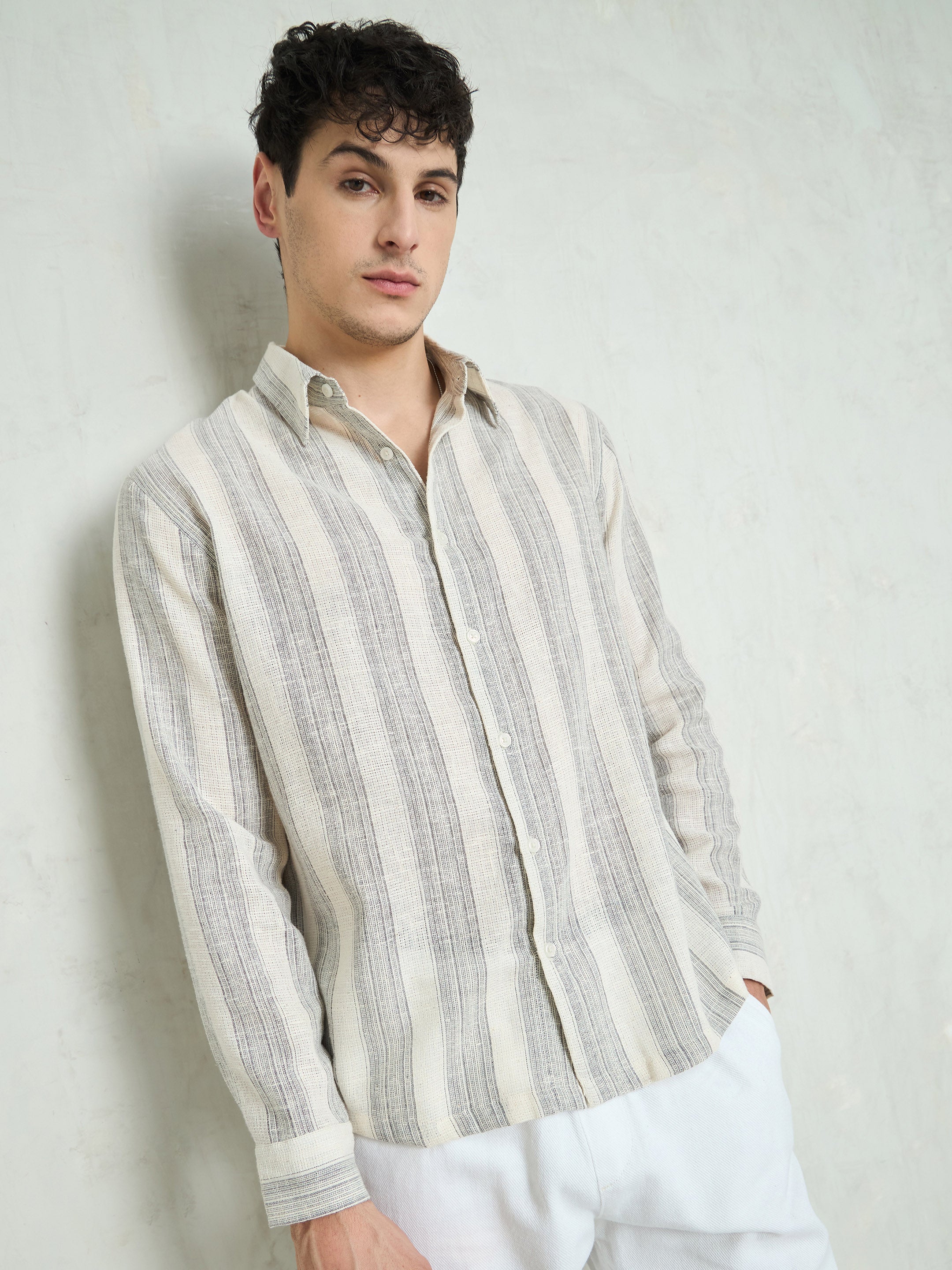 Men Beige & Grey Cotton Striped Relax Fit Shirt