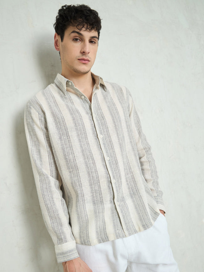 Men Beige & Grey Cotton Striped Relax Fit Shirt