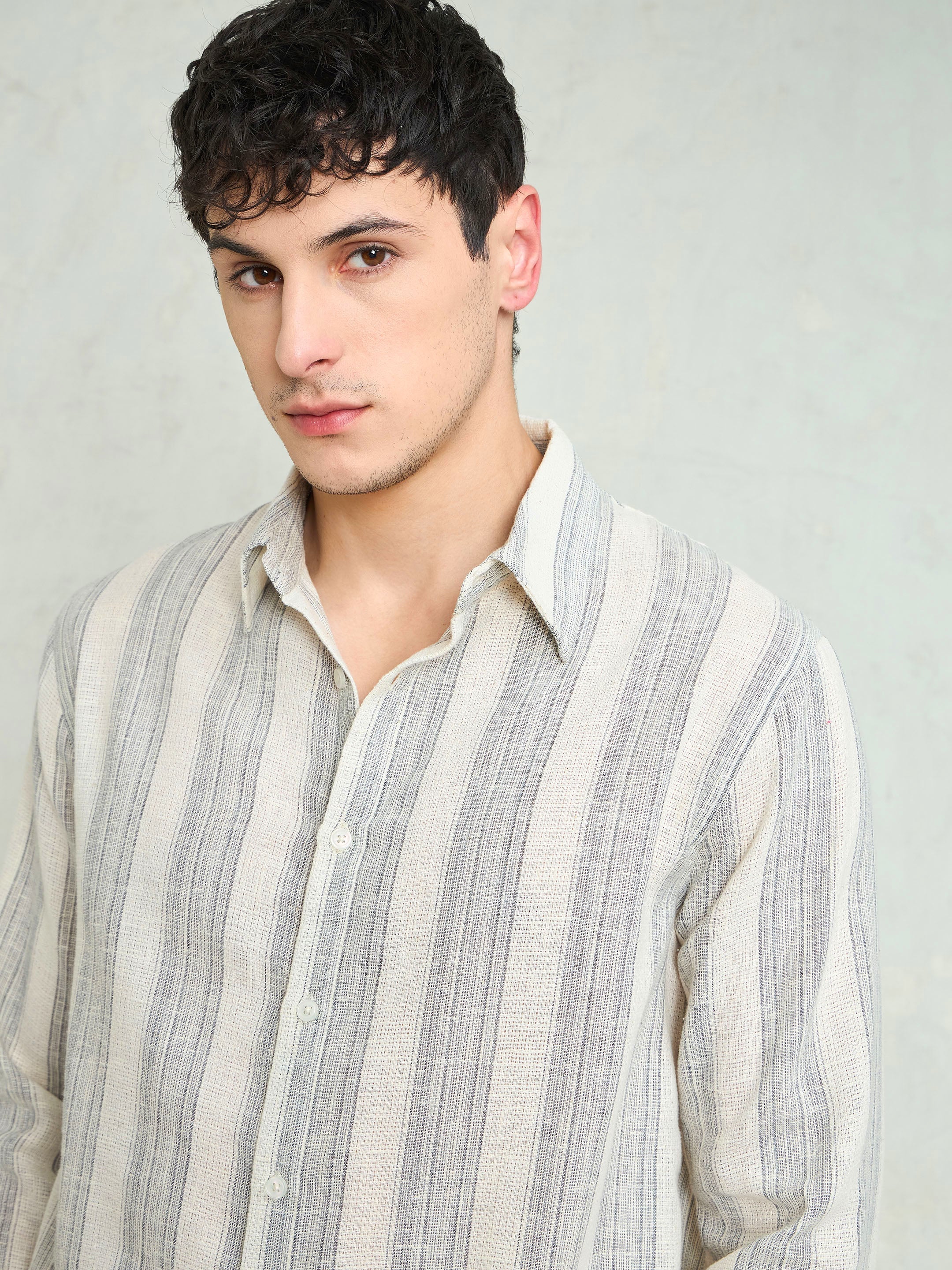 Men Beige & Grey Cotton Striped Relax Fit Shirt