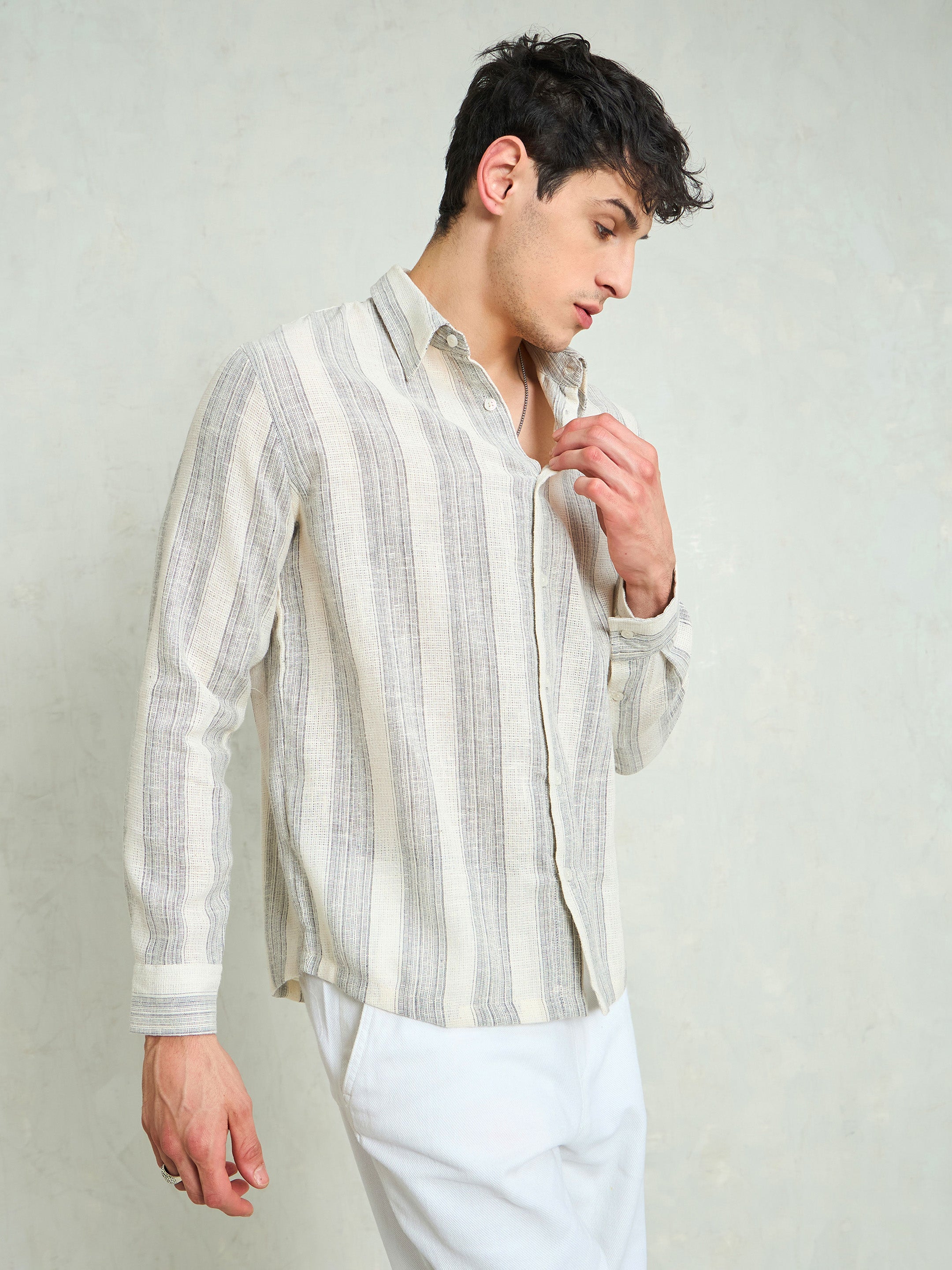 Men Beige & Grey Cotton Striped Relax Fit Shirt