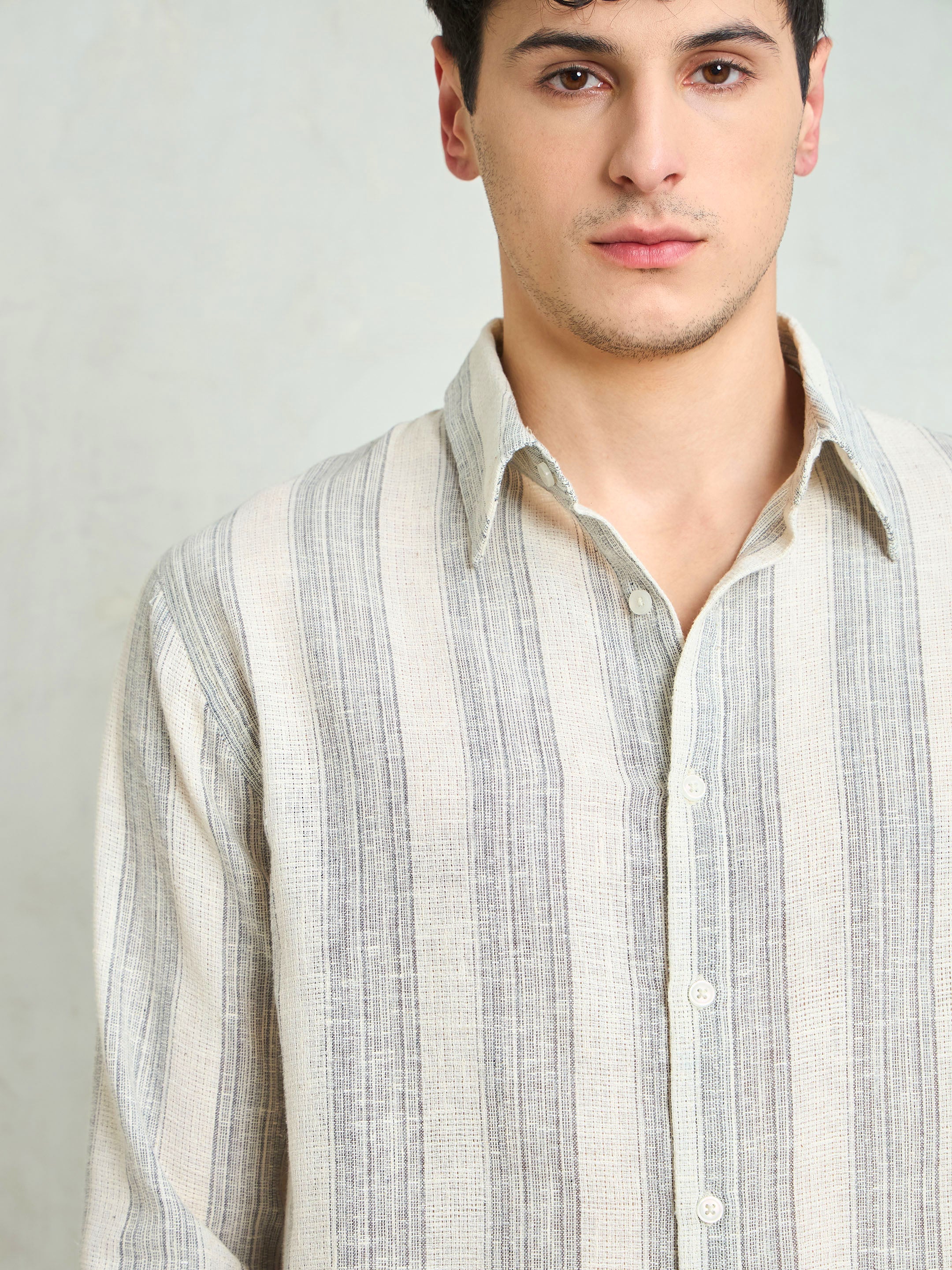 Men Beige & Grey Cotton Striped Relax Fit Shirt