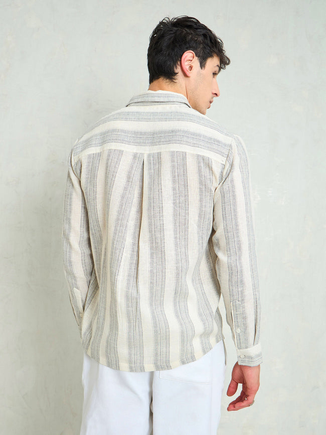 Men Beige & Grey Cotton Striped Relax Fit Shirt