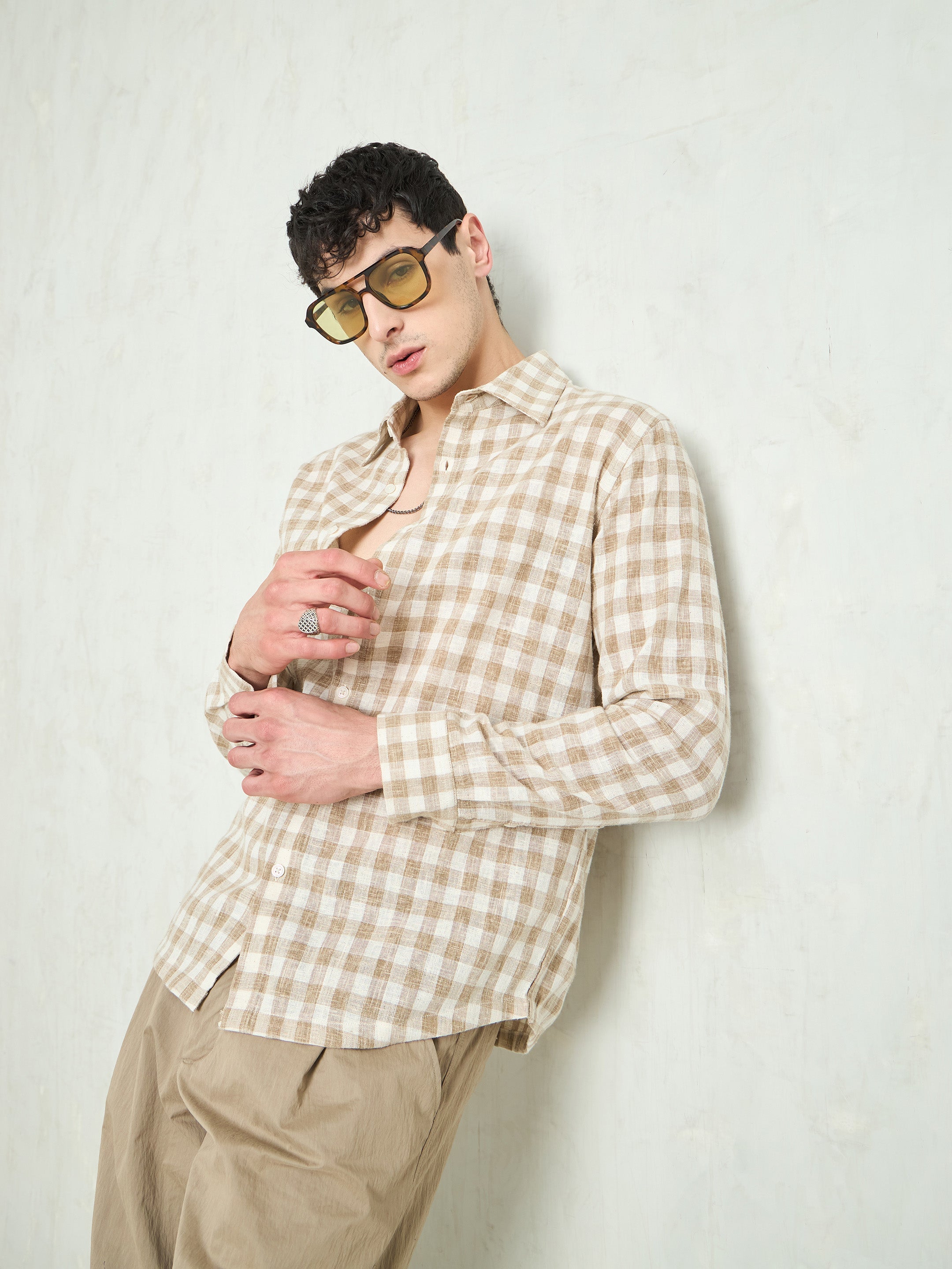 Men Beige & Brown Cotton Check Relax Fit Shirt