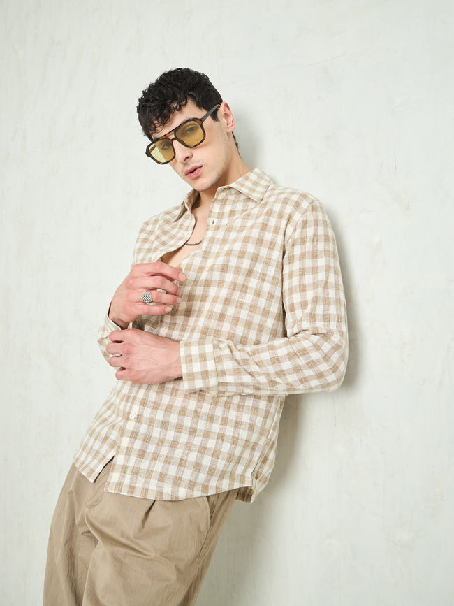Men Beige & Brown Cotton Check Relax Fit Shirt