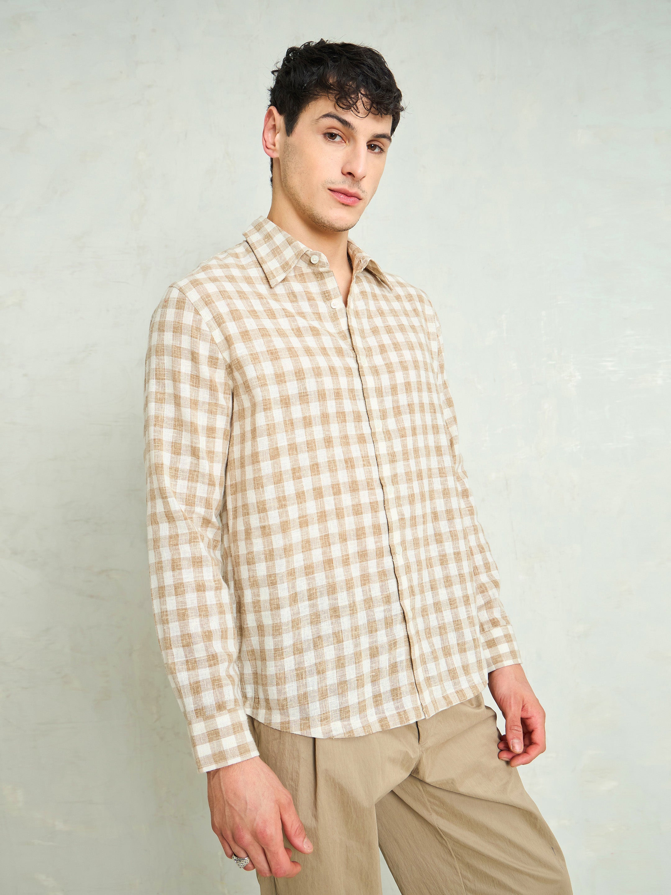 Men Beige & Brown Cotton Check Relax Fit Shirt