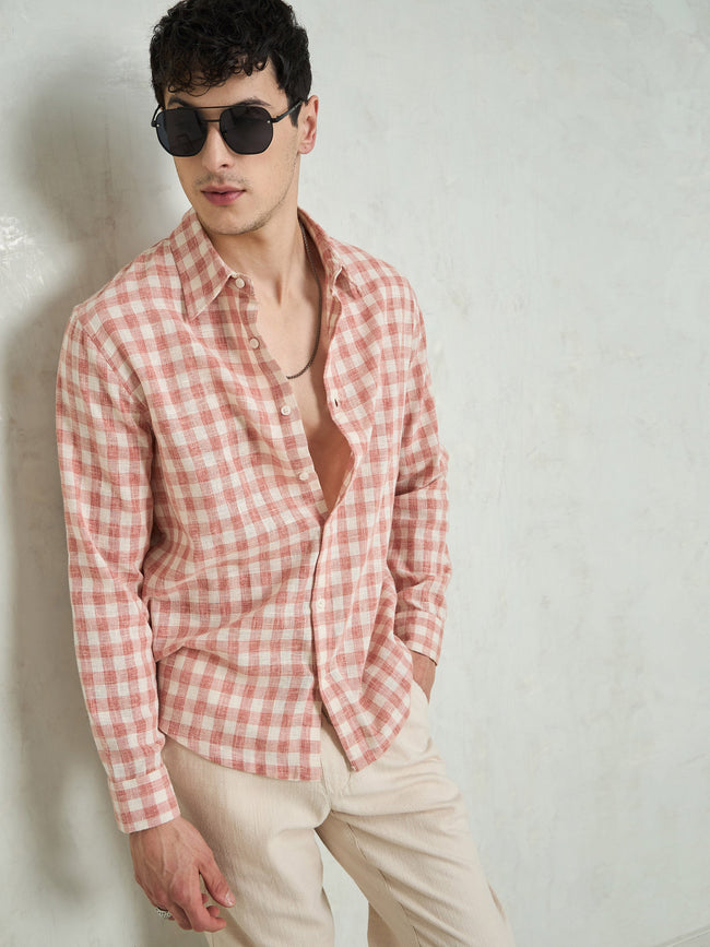 Men Beige & Pink Cotton Check Relax Fit Shirt