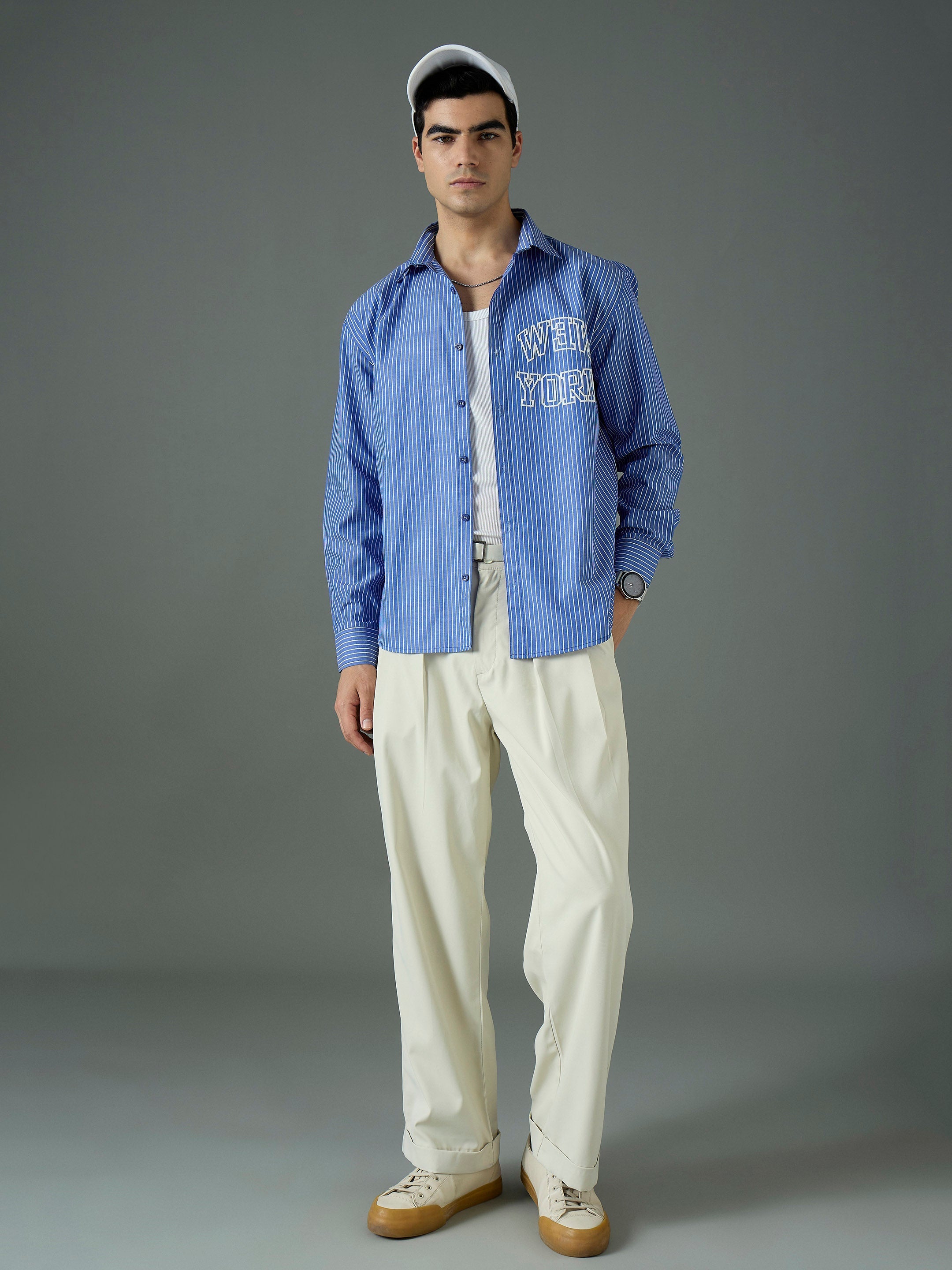 Men Navy & White Relax Fit Shirt