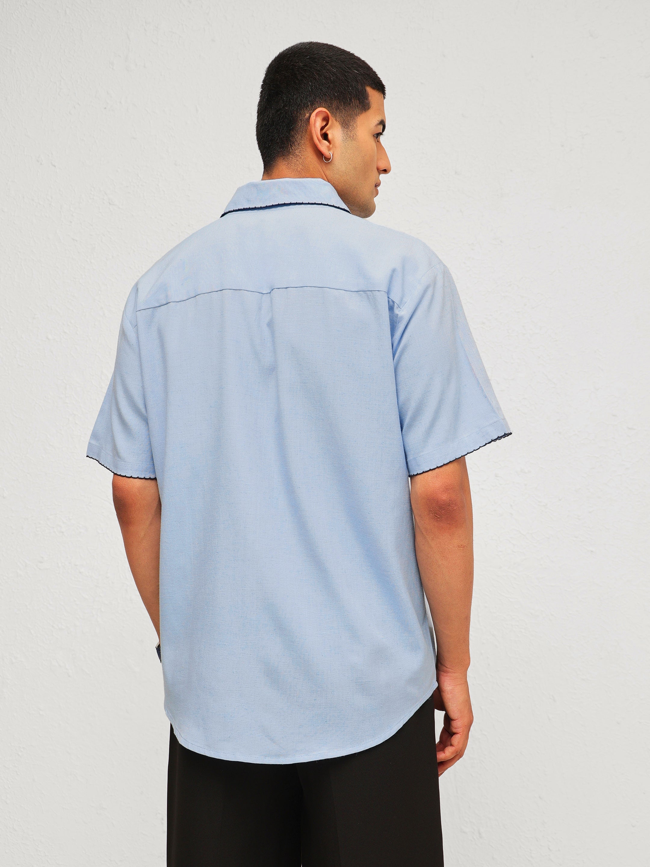 Men Blue Linen Thread Detail Relax Fit Short Sleeve Shirt