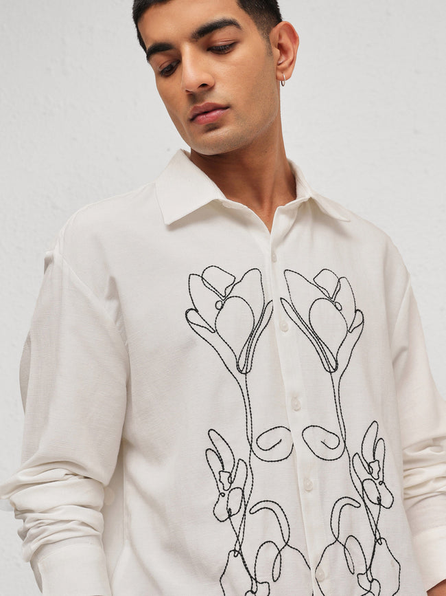 Men White Linen Flower Embroidery Relax Fit Full Sleeve Shirt