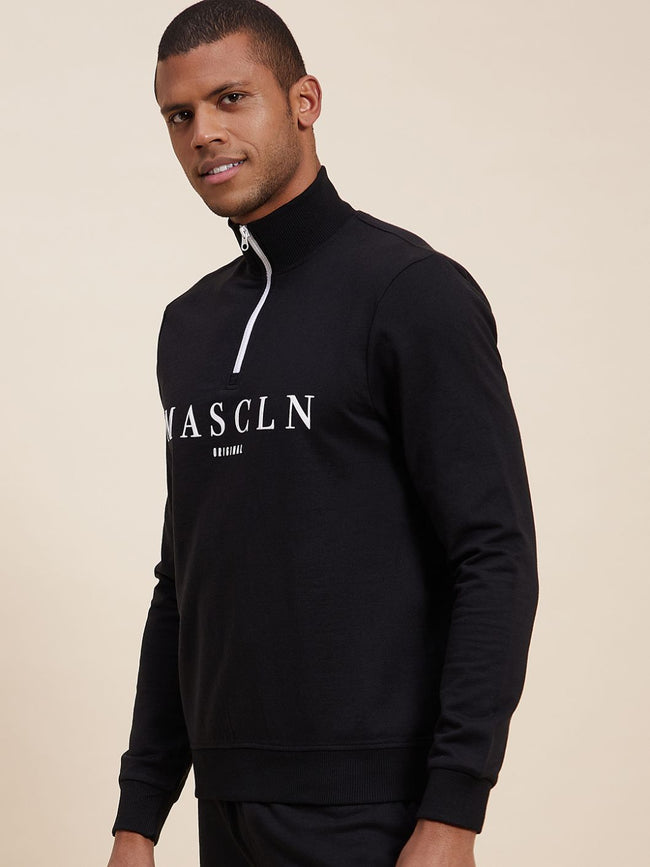 Men Black High Neck Half Zipper Mascln Sweatshirt