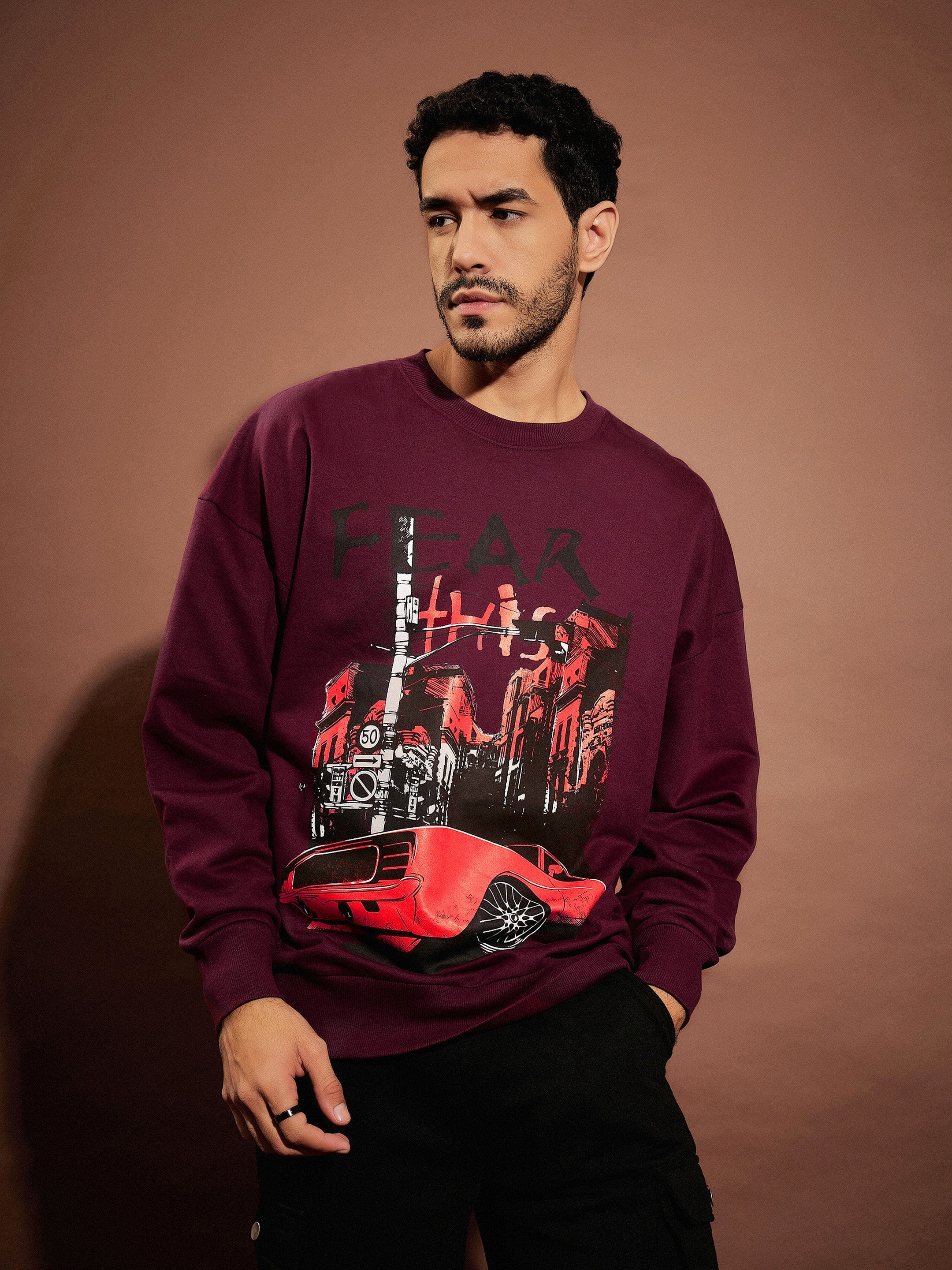 Men Maroon Fear Oversized Sweatshirt