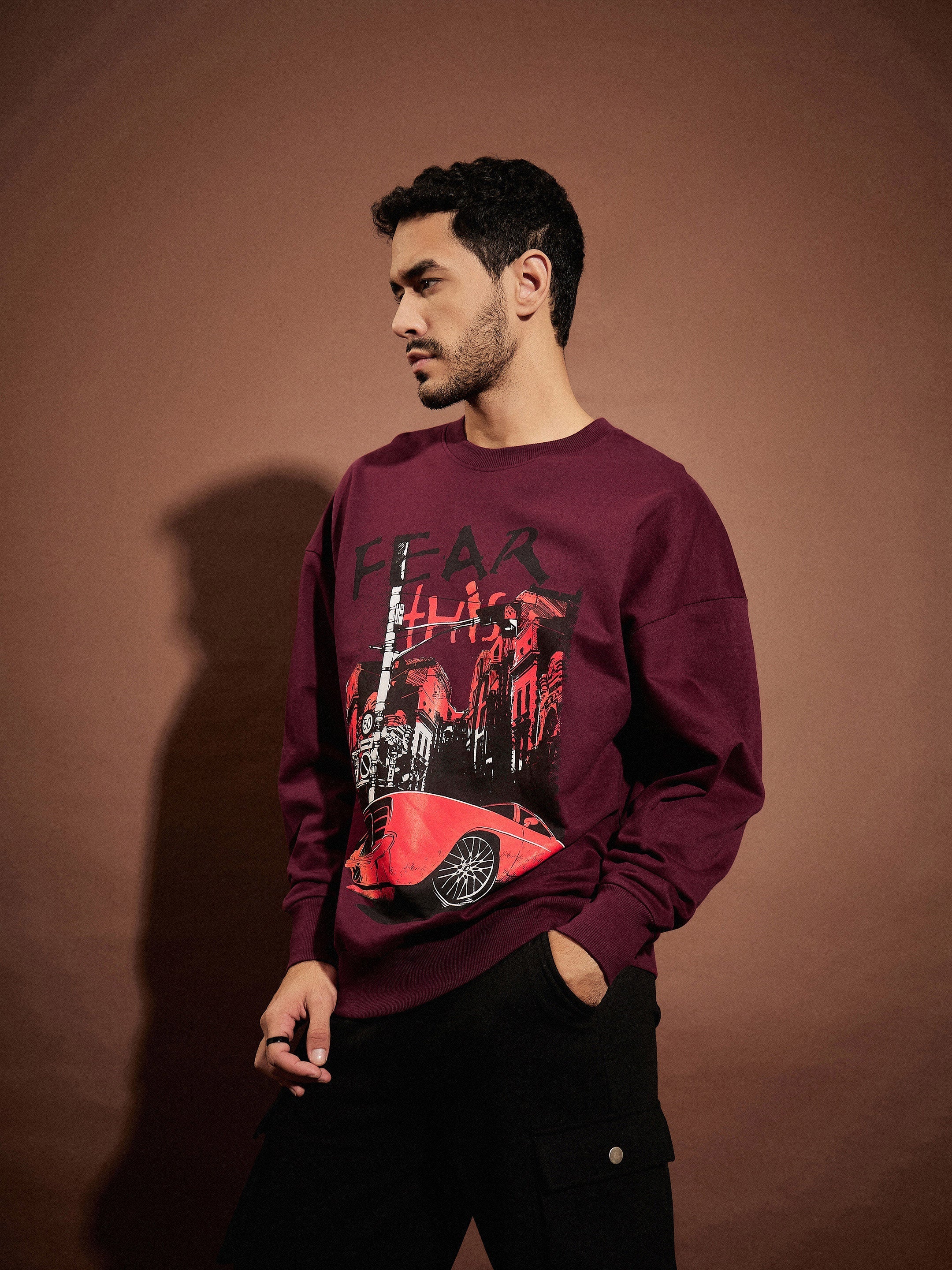 Men Maroon Fear Oversized Sweatshirt