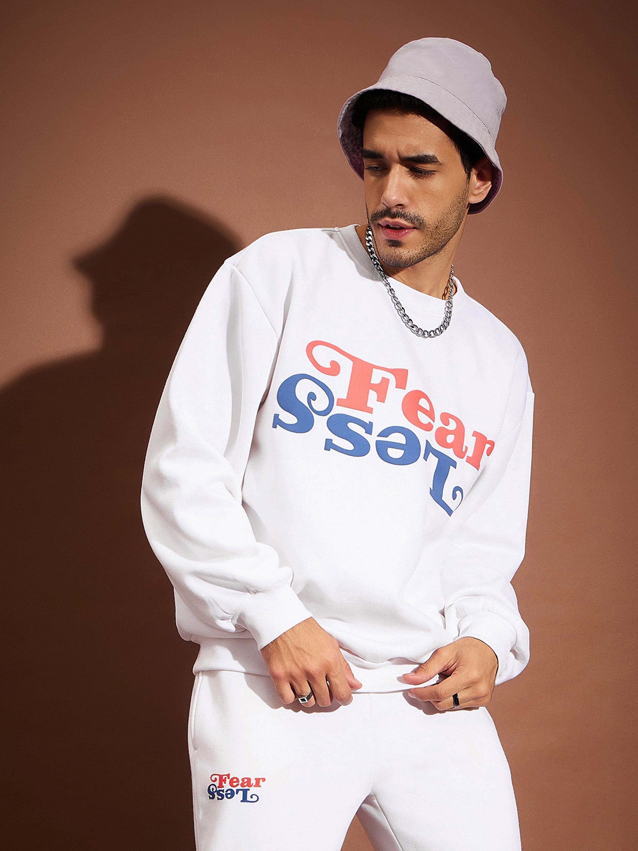 Men White Fear Less Oversized Sweatshirt