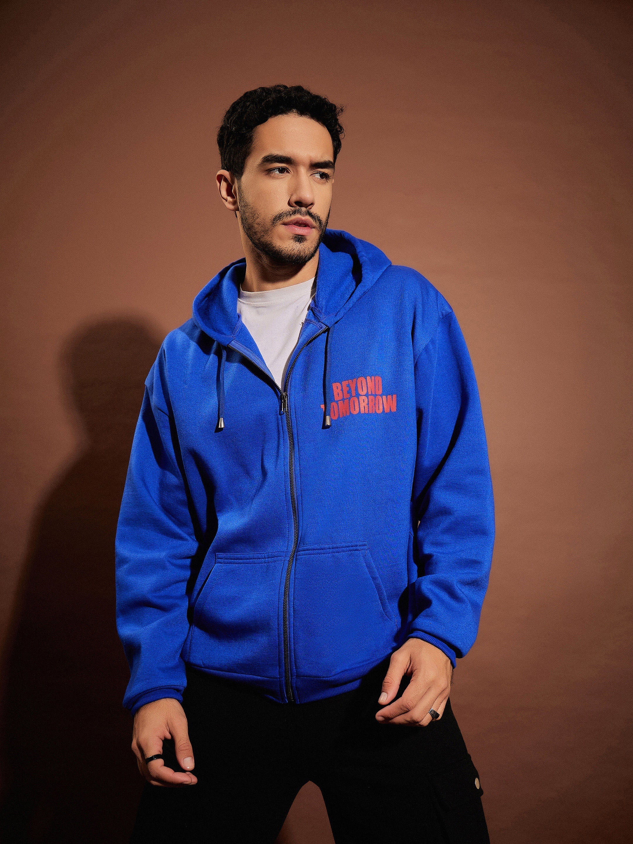 Men Blue Oversized Zipper Hoodie