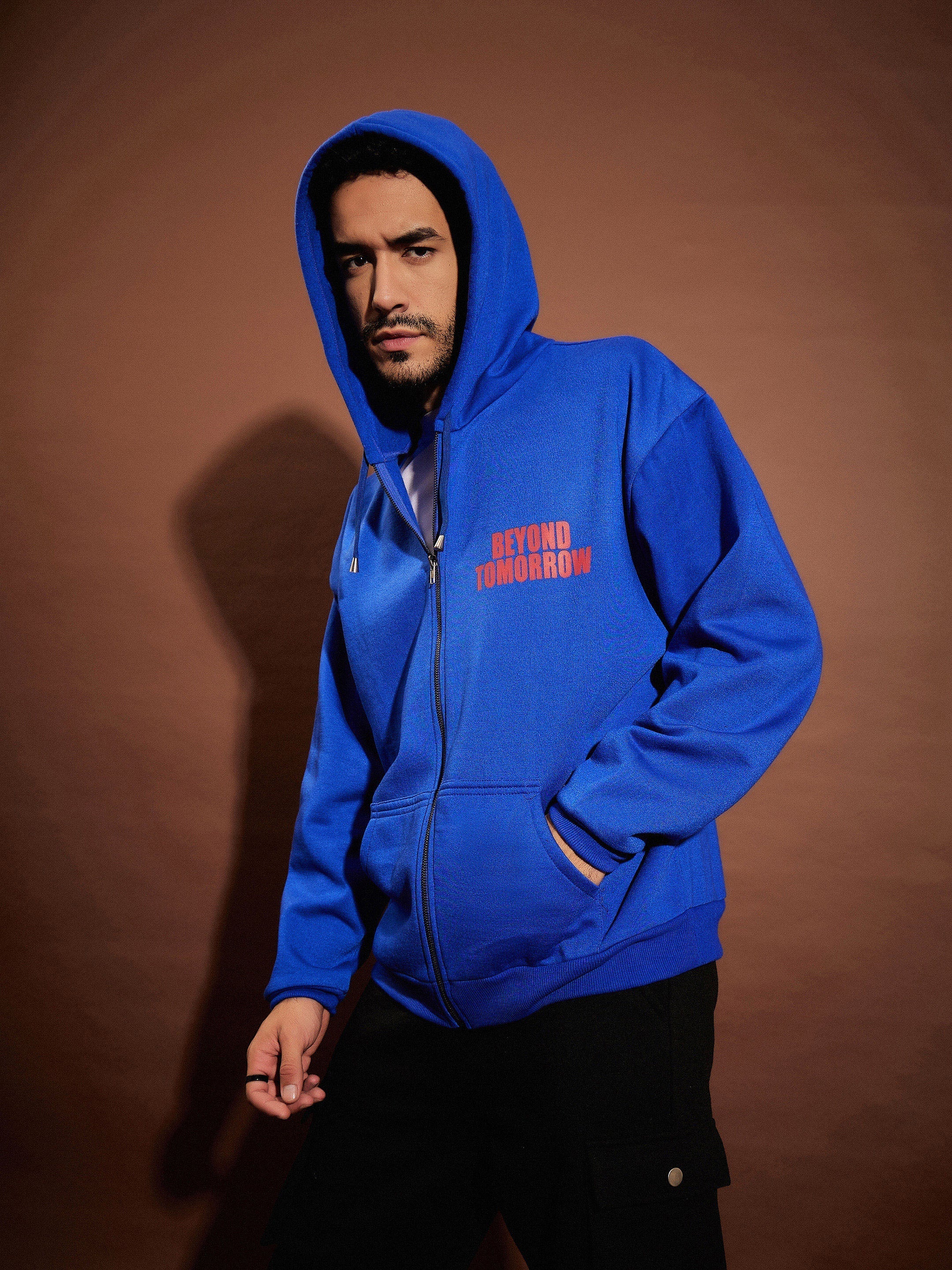 Men Blue Oversized Zipper Hoodie