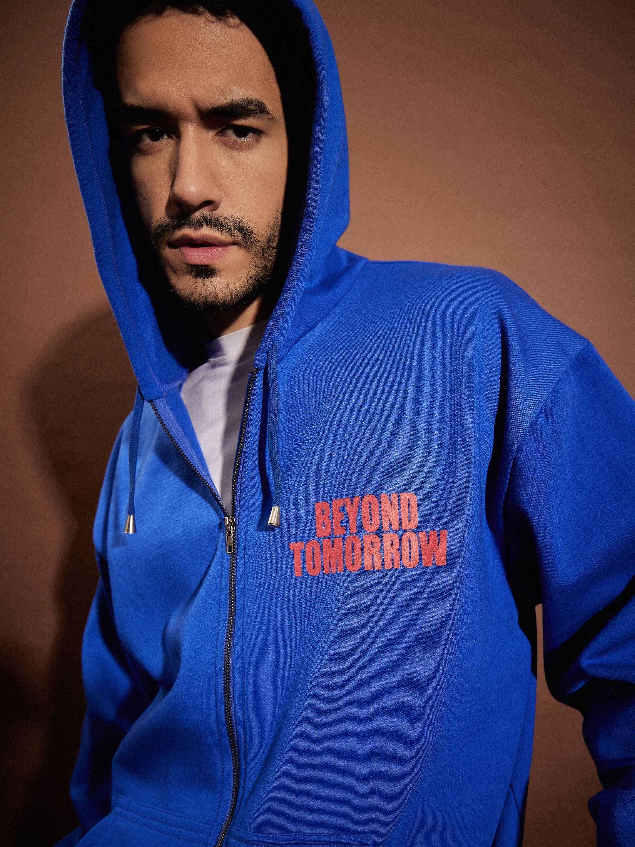 Men Blue Oversized Zipper Hoodie