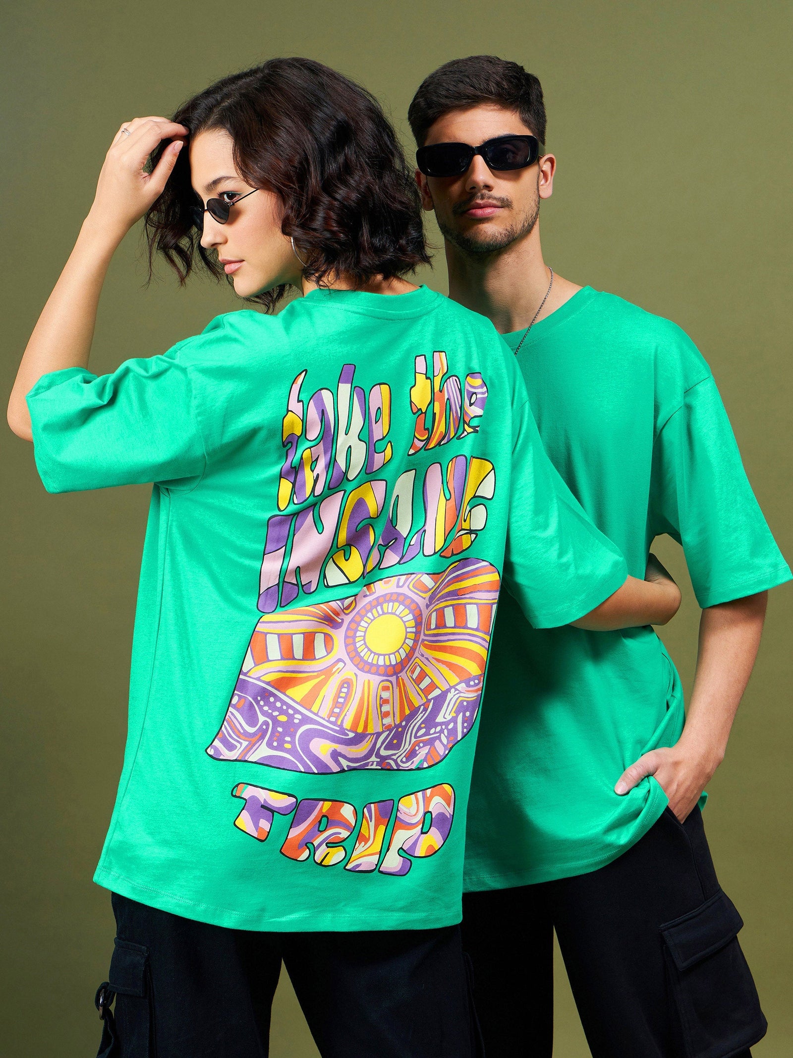 Unisex Green Printed Oversized T-Shirt