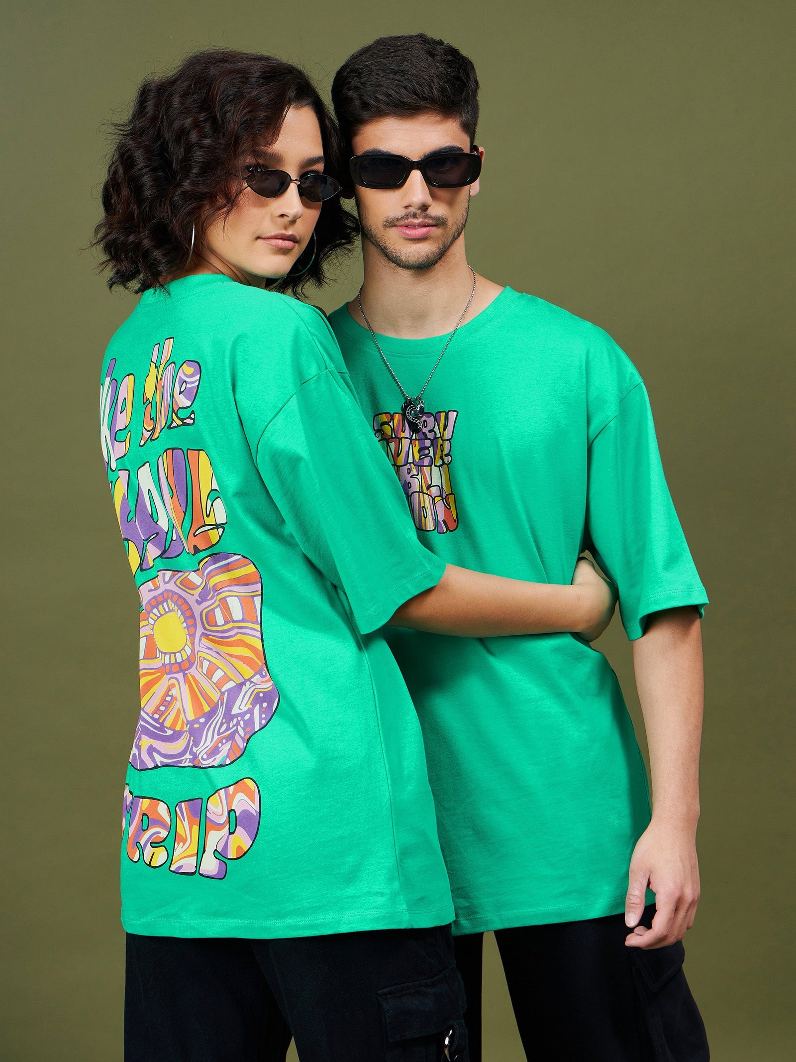 Unisex Green Printed Oversized T-Shirt