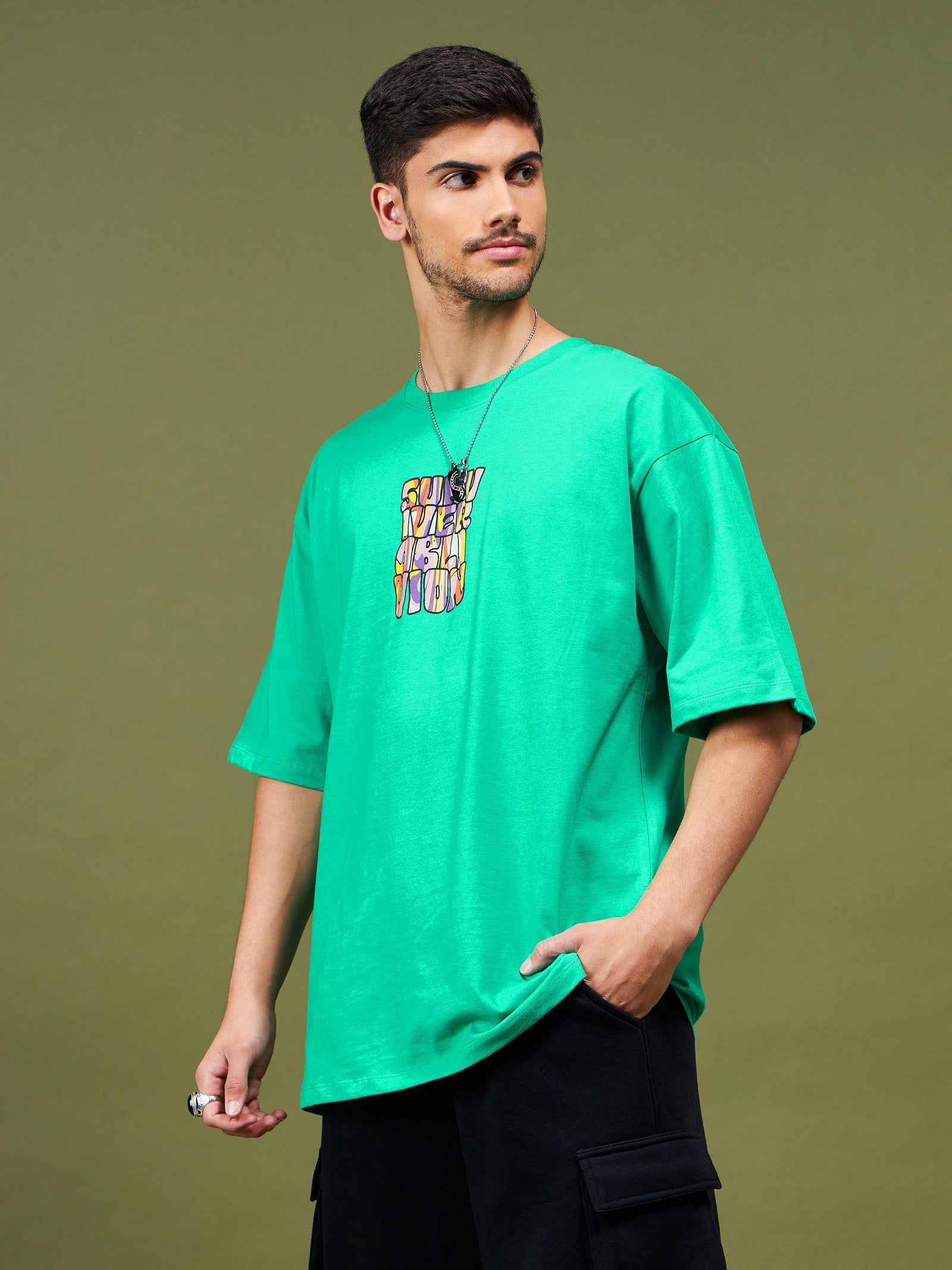 Unisex Green Printed Oversized T-Shirt