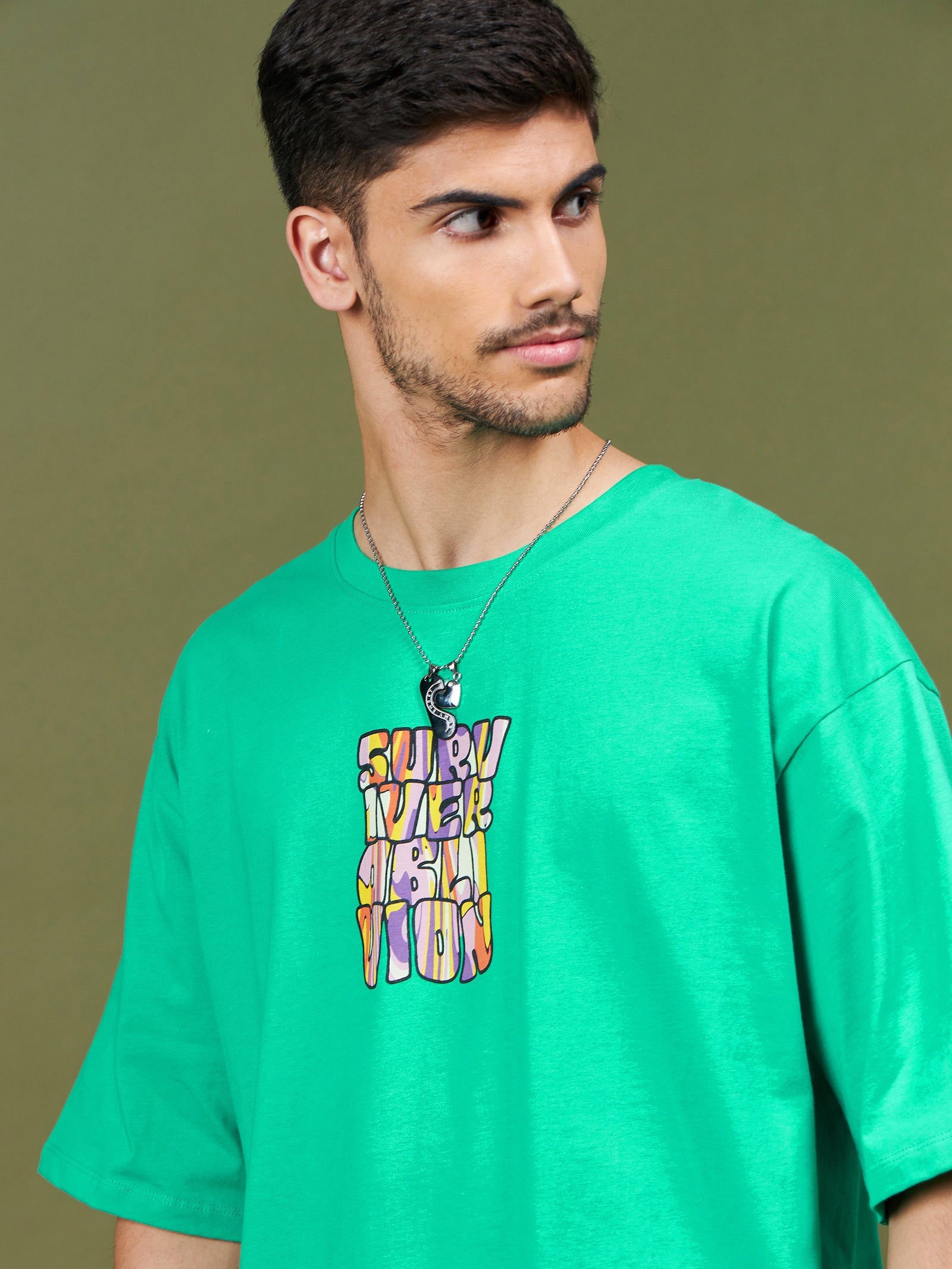 Unisex Green Printed Oversized T-Shirt