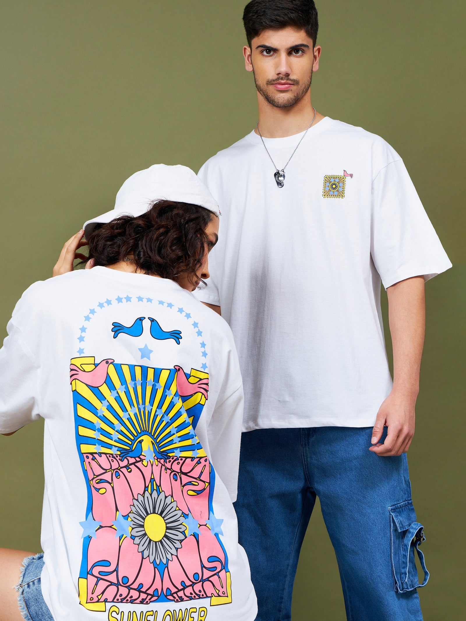 Unisex White Sunflower Oversized T-Shirt