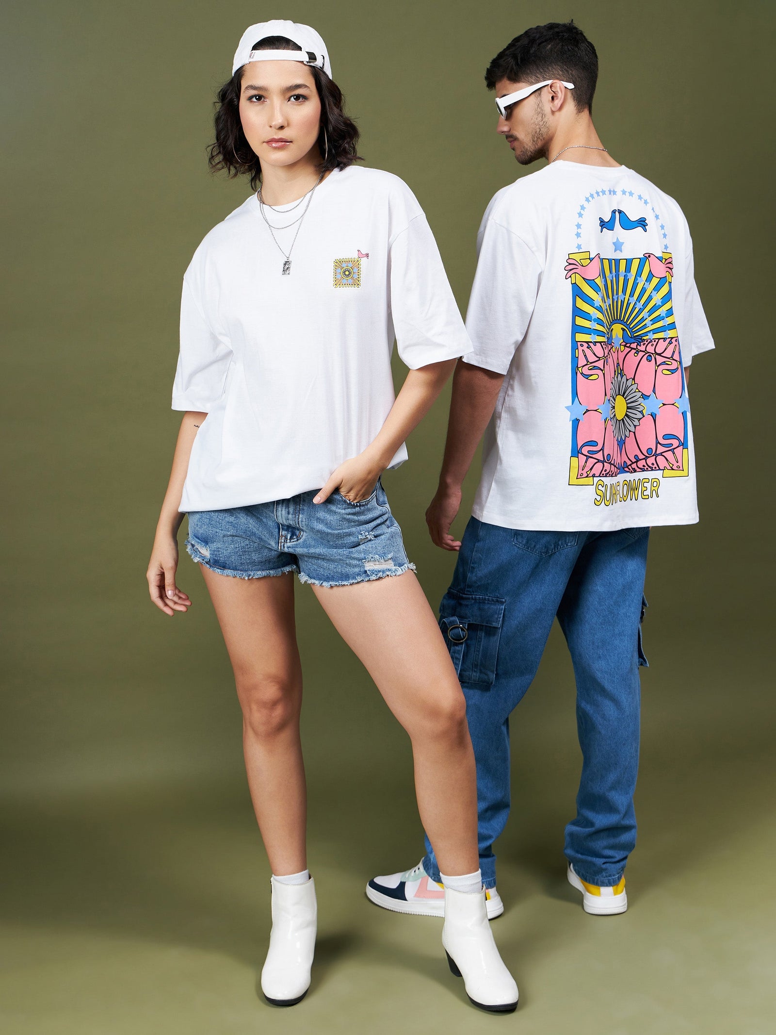 Unisex White Sunflower Oversized T-Shirt