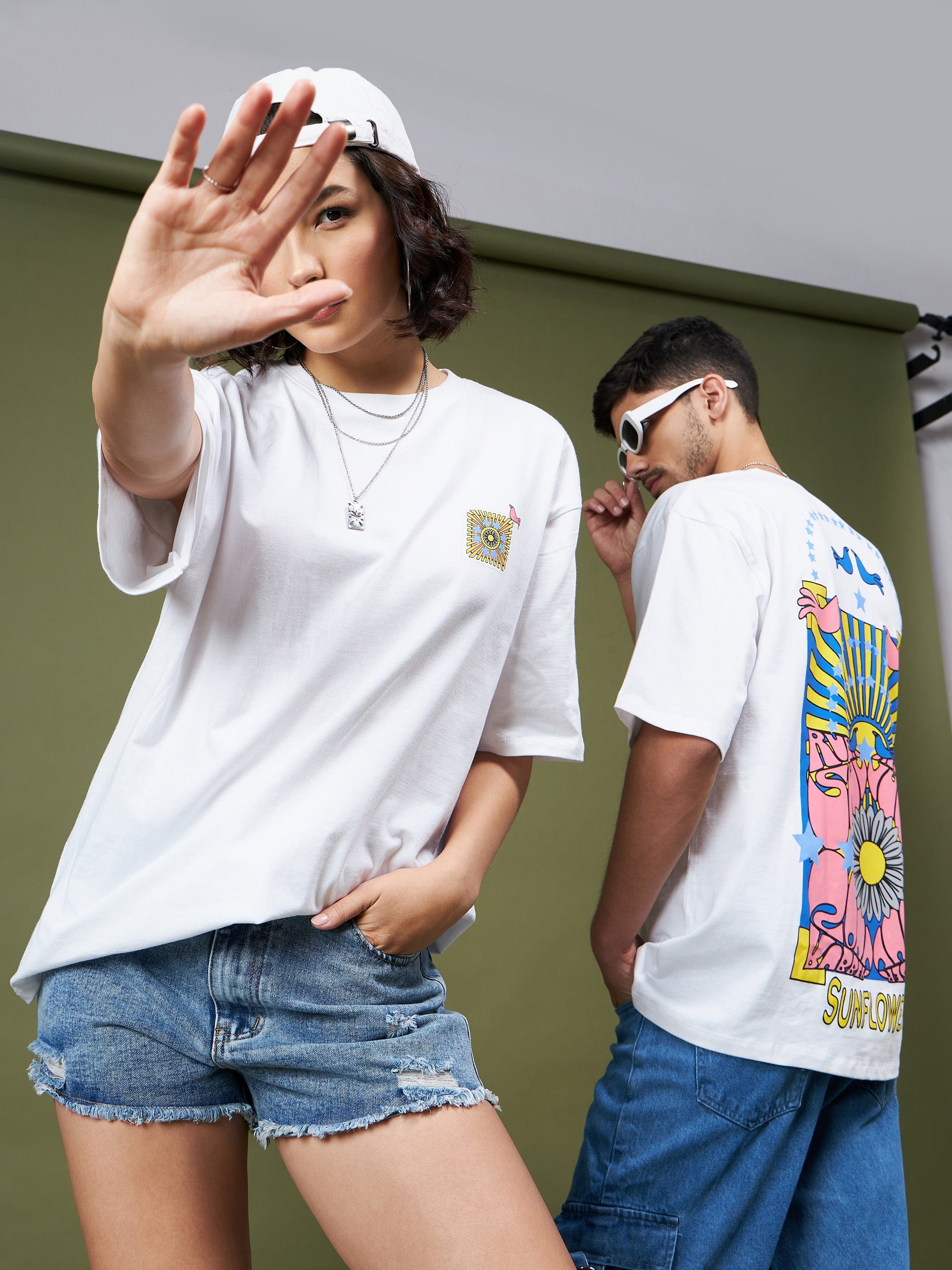 Unisex White Sunflower Oversized T-Shirt