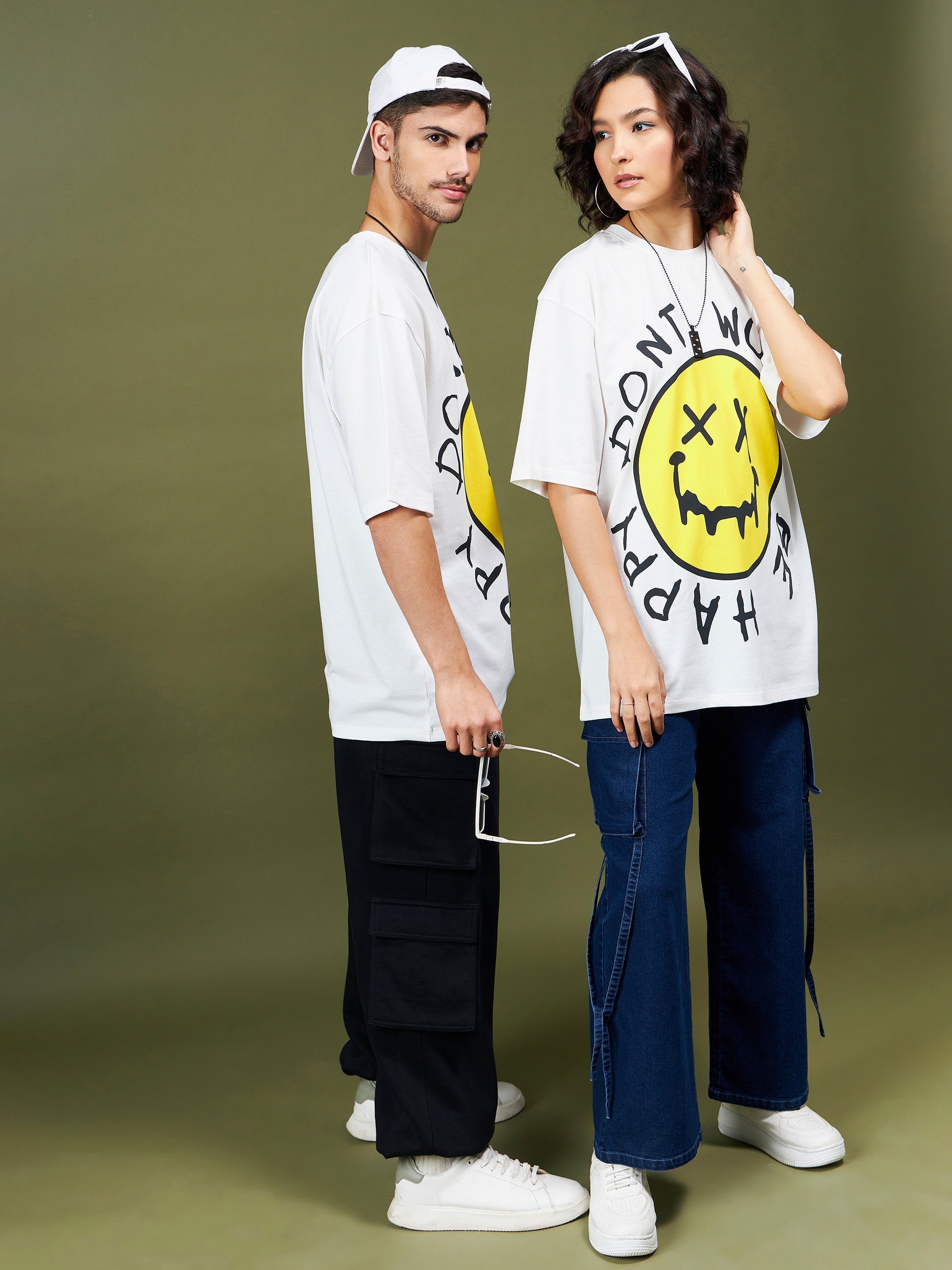 Unisex White Don'T Worry Oversized T-Shirt