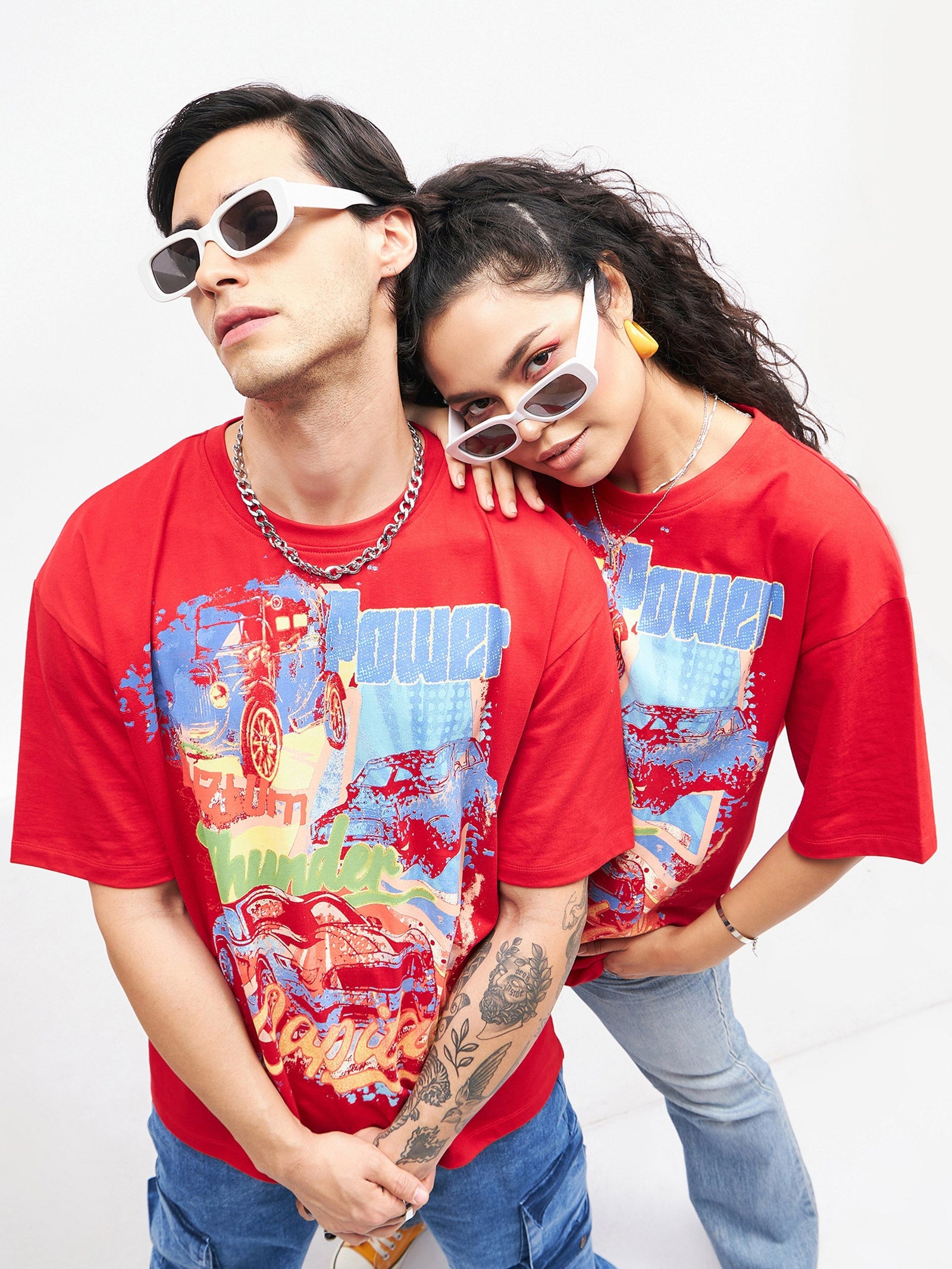 Unisex Red Car Print Oversized T-Shirt