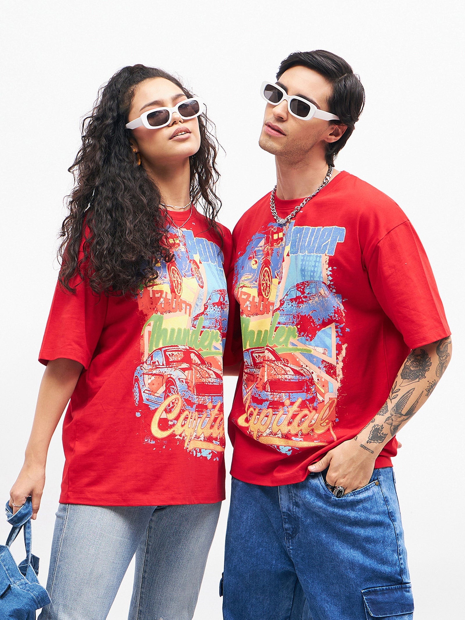 Unisex Red Car Print Oversized T-Shirt