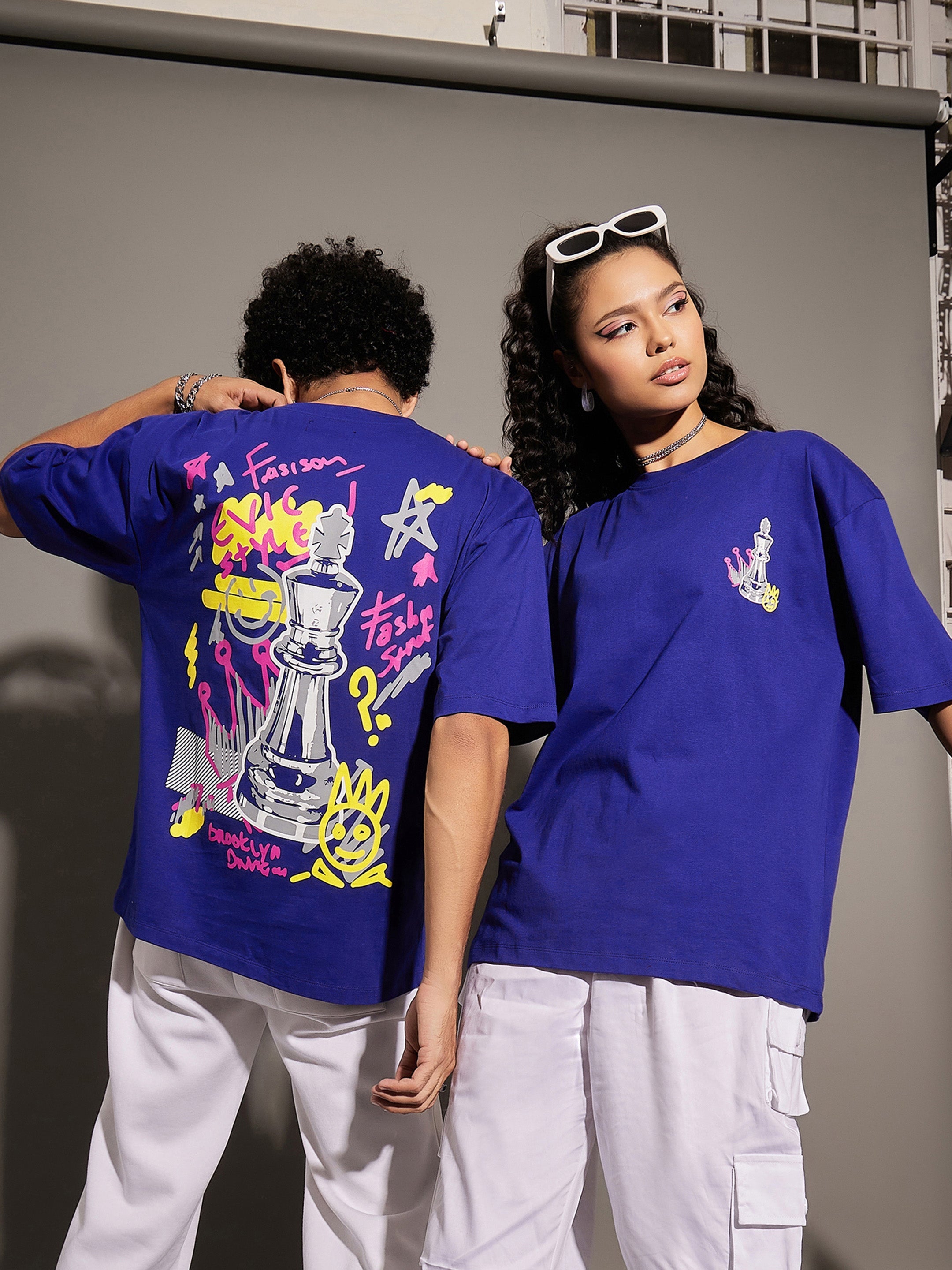 Unisex Blue Chess Print Oversized T-Shirt