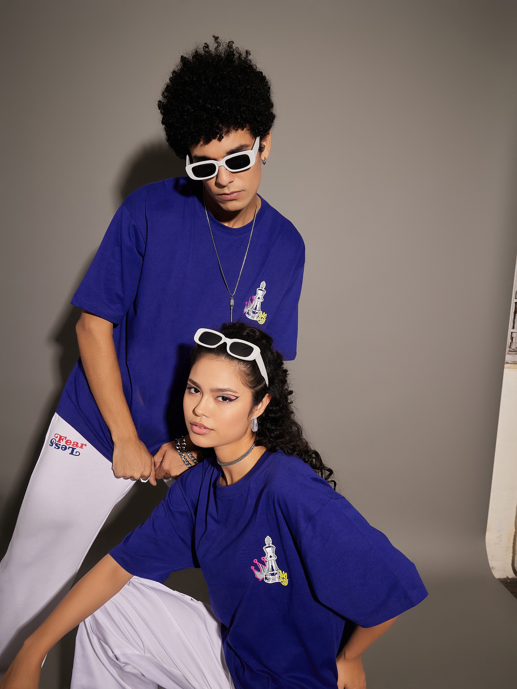 Unisex Blue Chess Print Oversized T-Shirt