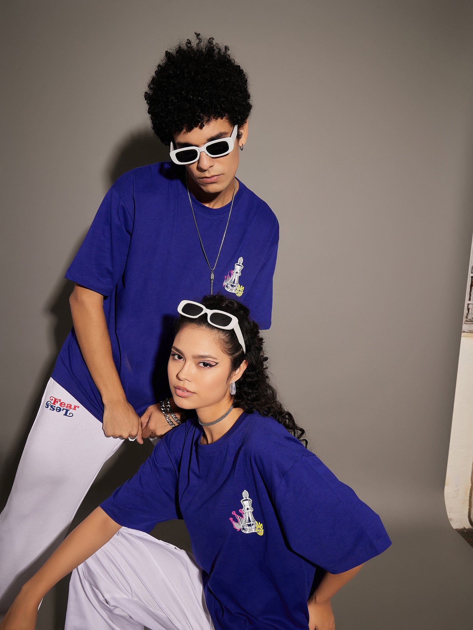 Unisex Blue Chess Print Oversized T-Shirt