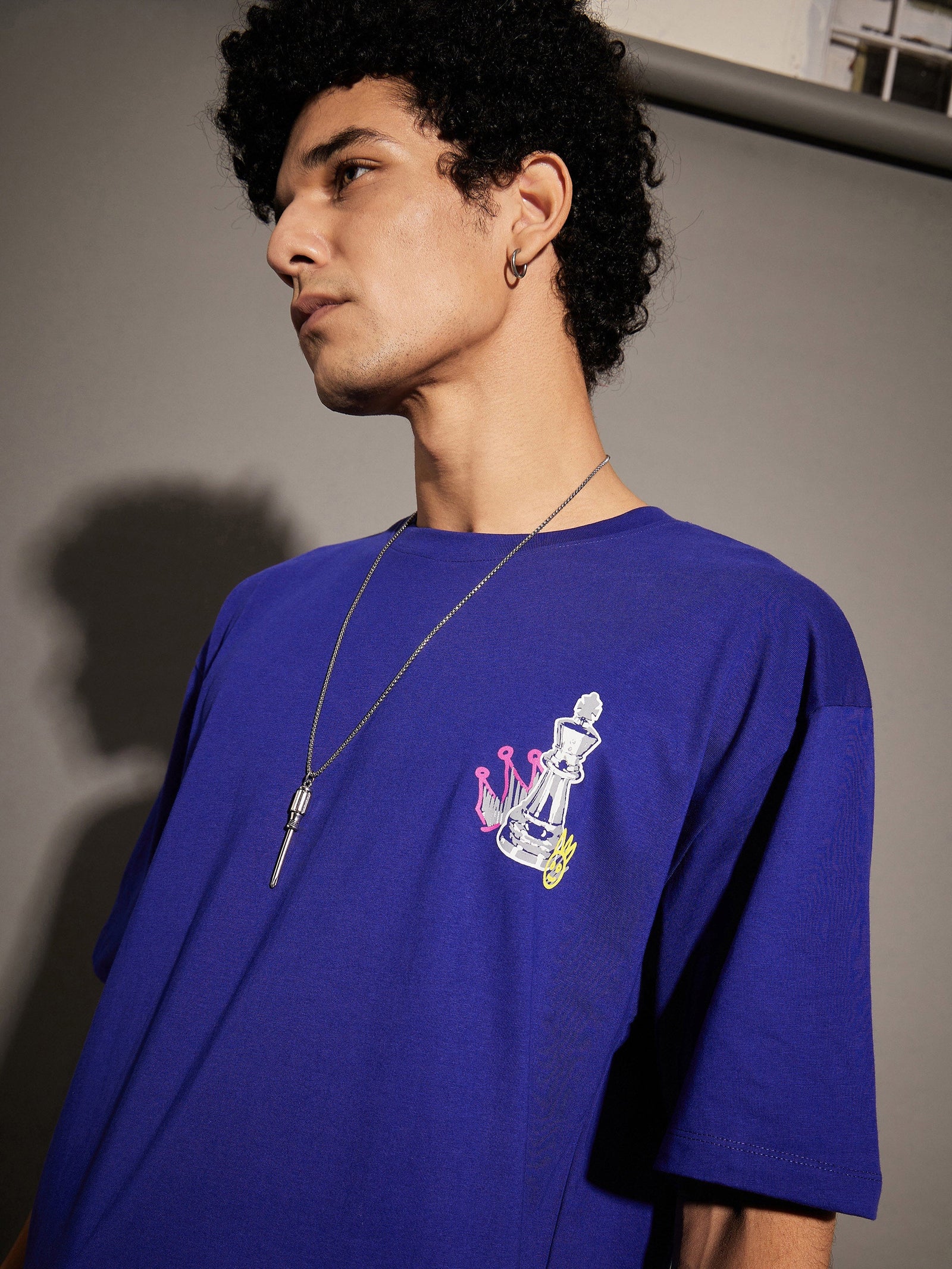 Unisex Blue Chess Print Oversized T-Shirt