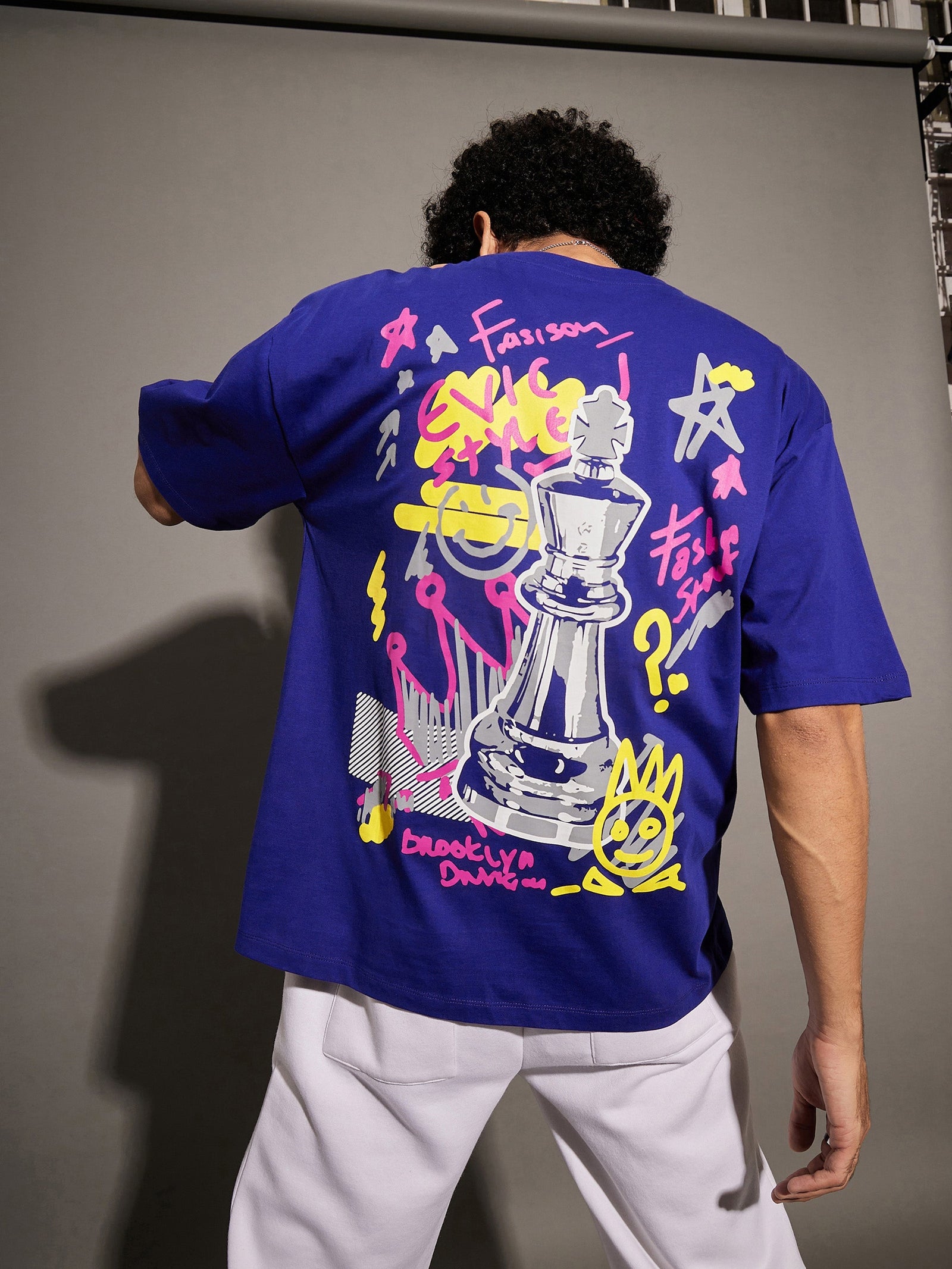 Unisex Blue Chess Print Oversized T-Shirt