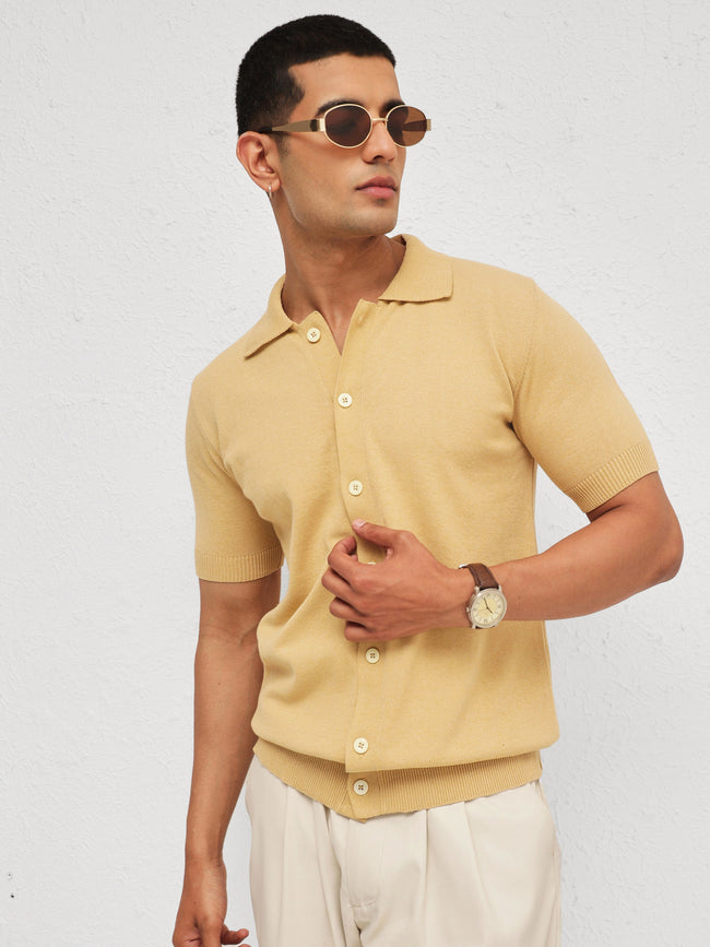 Men Beige Knitted Front Button Open T-Shirt