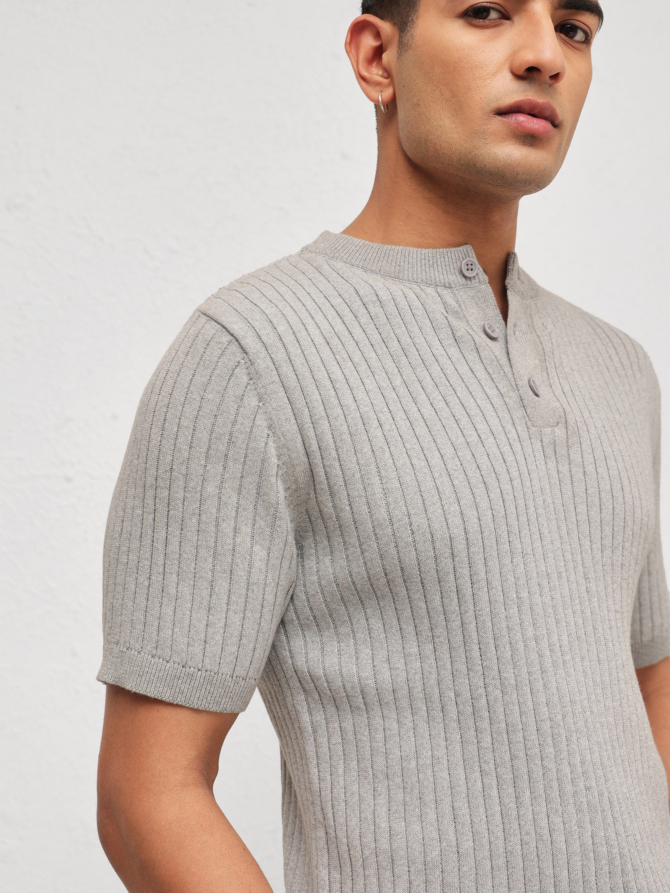 Men Grey Rib Relax Fit Henley T-Shirt