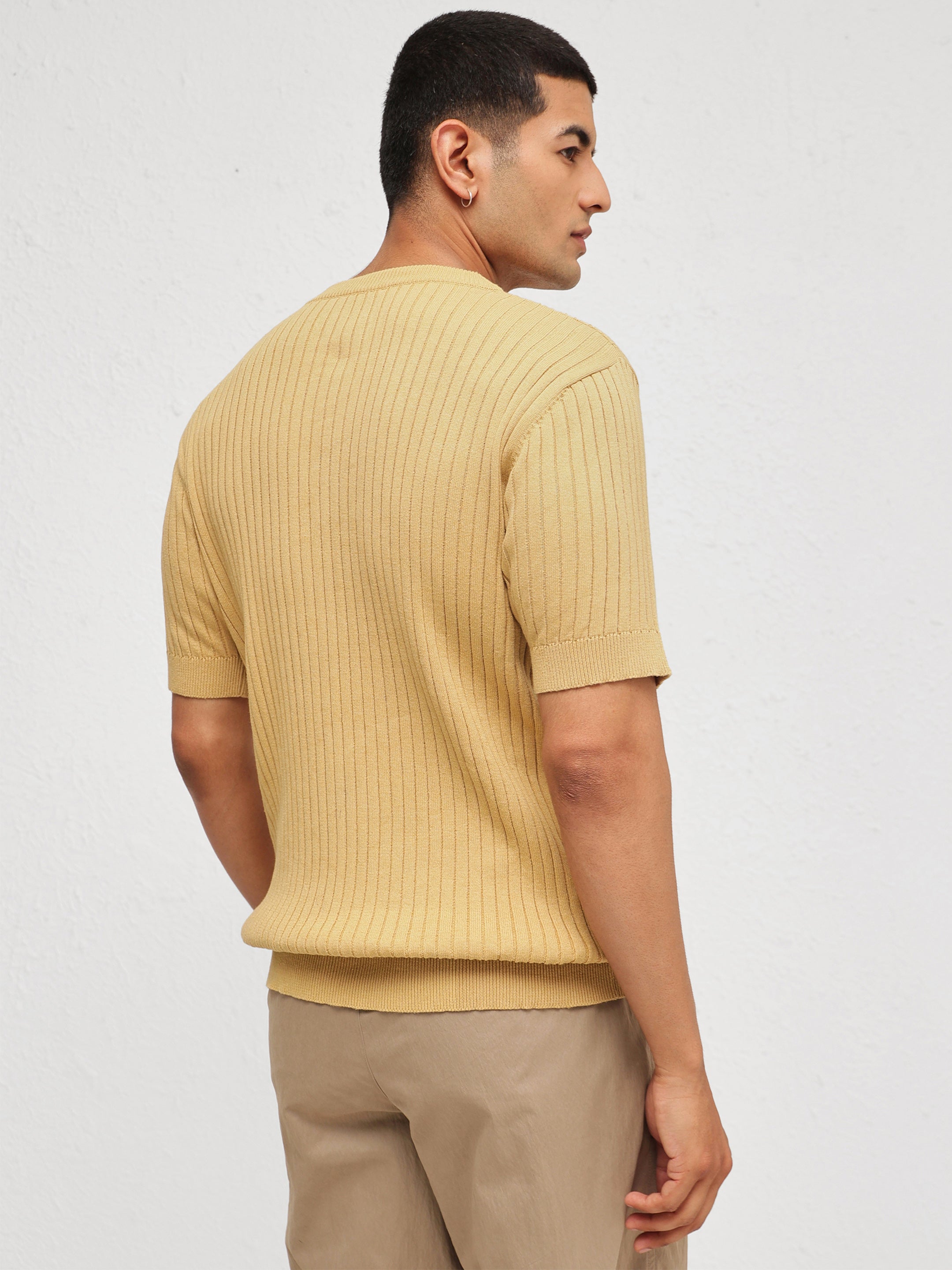 Men Beige Rib Relax Fit Henley T-Shirt