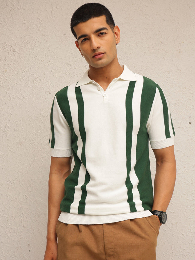 Men White & Green Stripes Relax Fit Polo T-Shirt