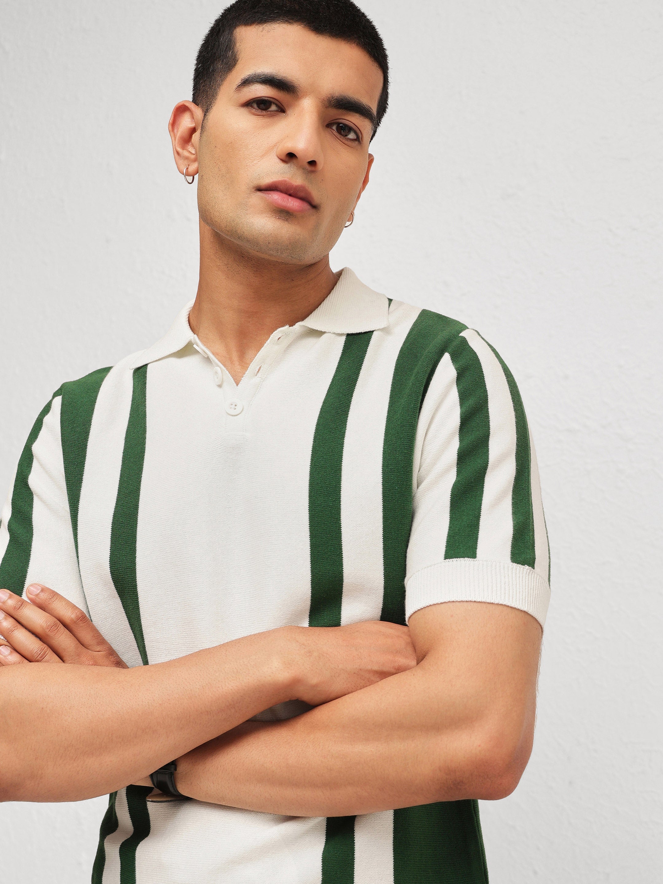 Men White & Green Stripes Relax Fit Polo T-Shirt