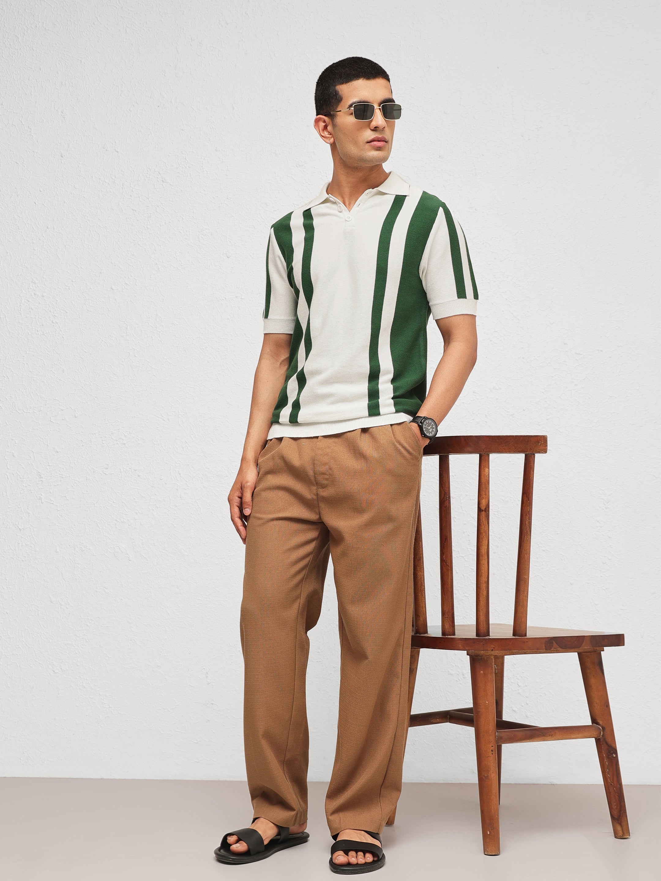 Men White & Green Stripes Relax Fit Polo T-Shirt