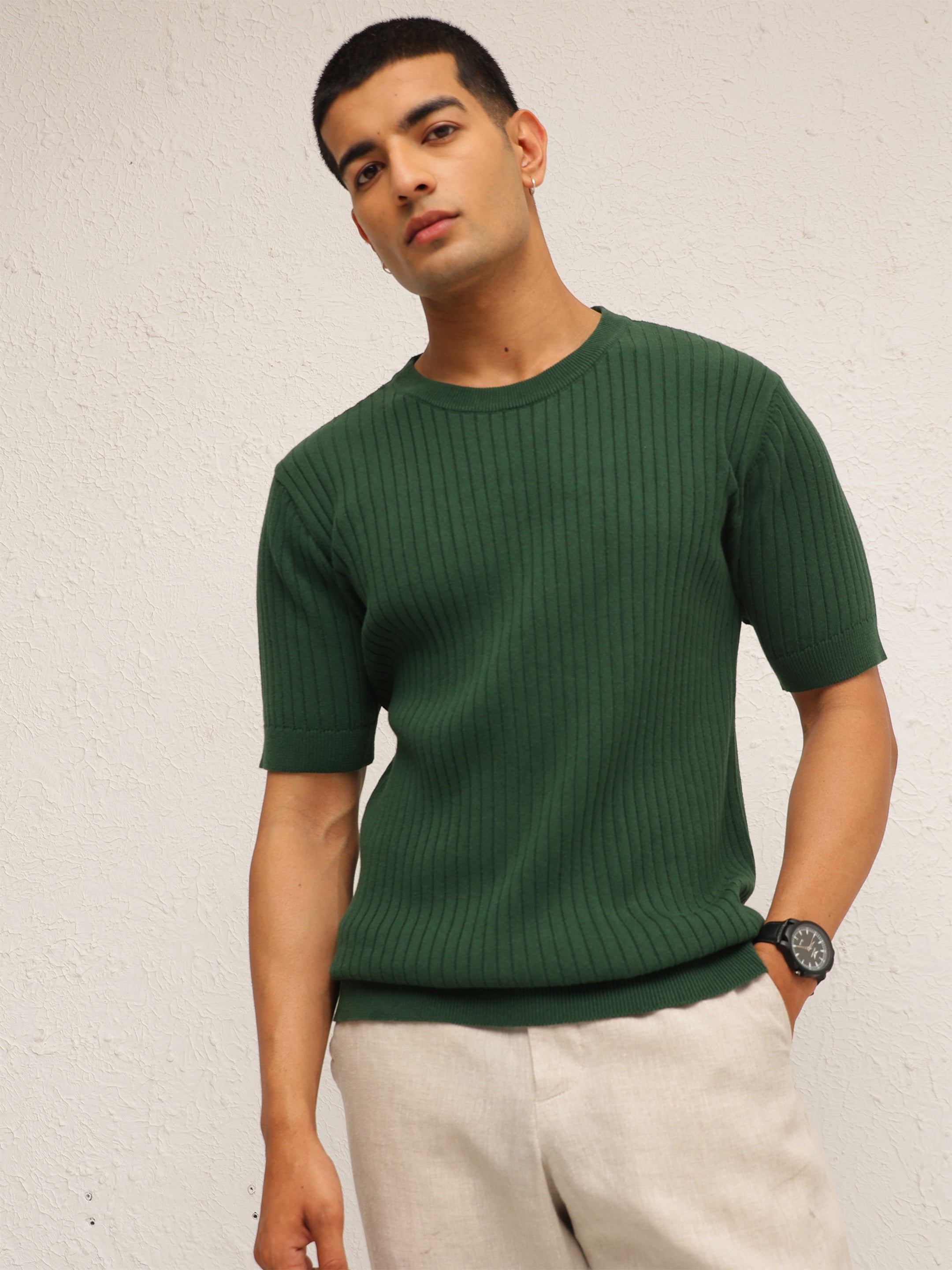 Men Emelard Green Round Neck Relax Fit T-Shirt