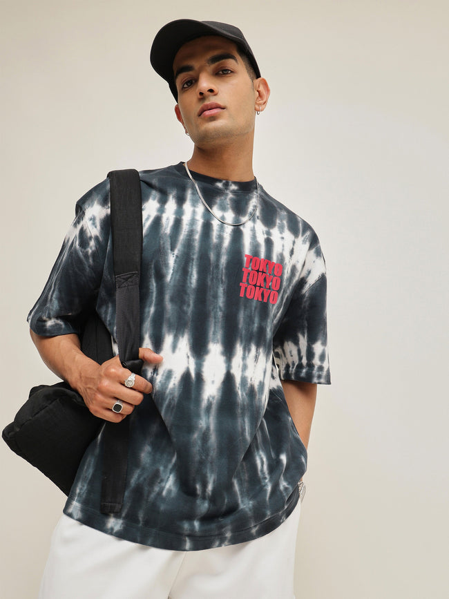 Men Black & White Tie-dye TOKYO Oversize T-Shirt