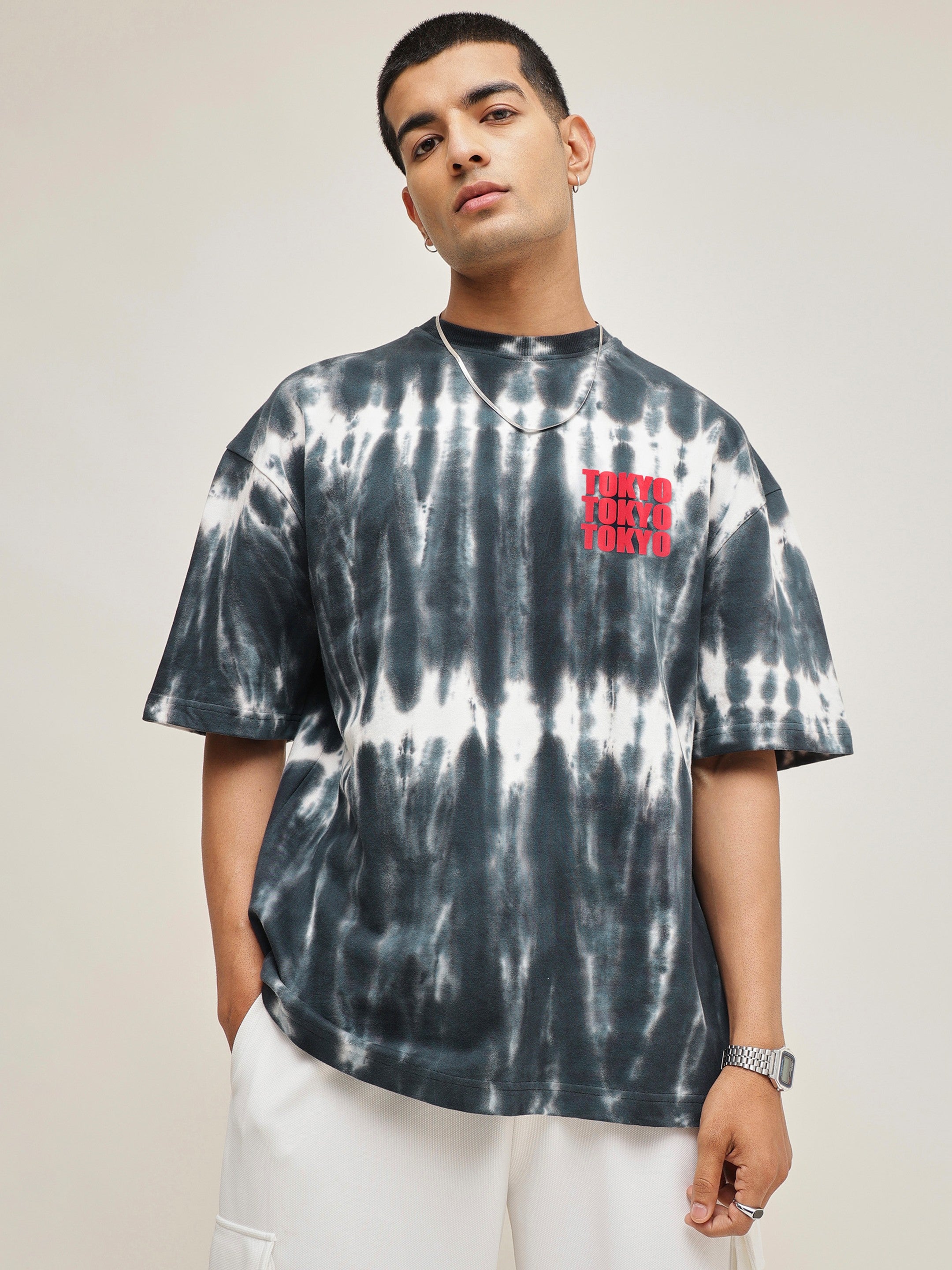 Men Black & White Tie-dye TOKYO Oversize T-Shirt