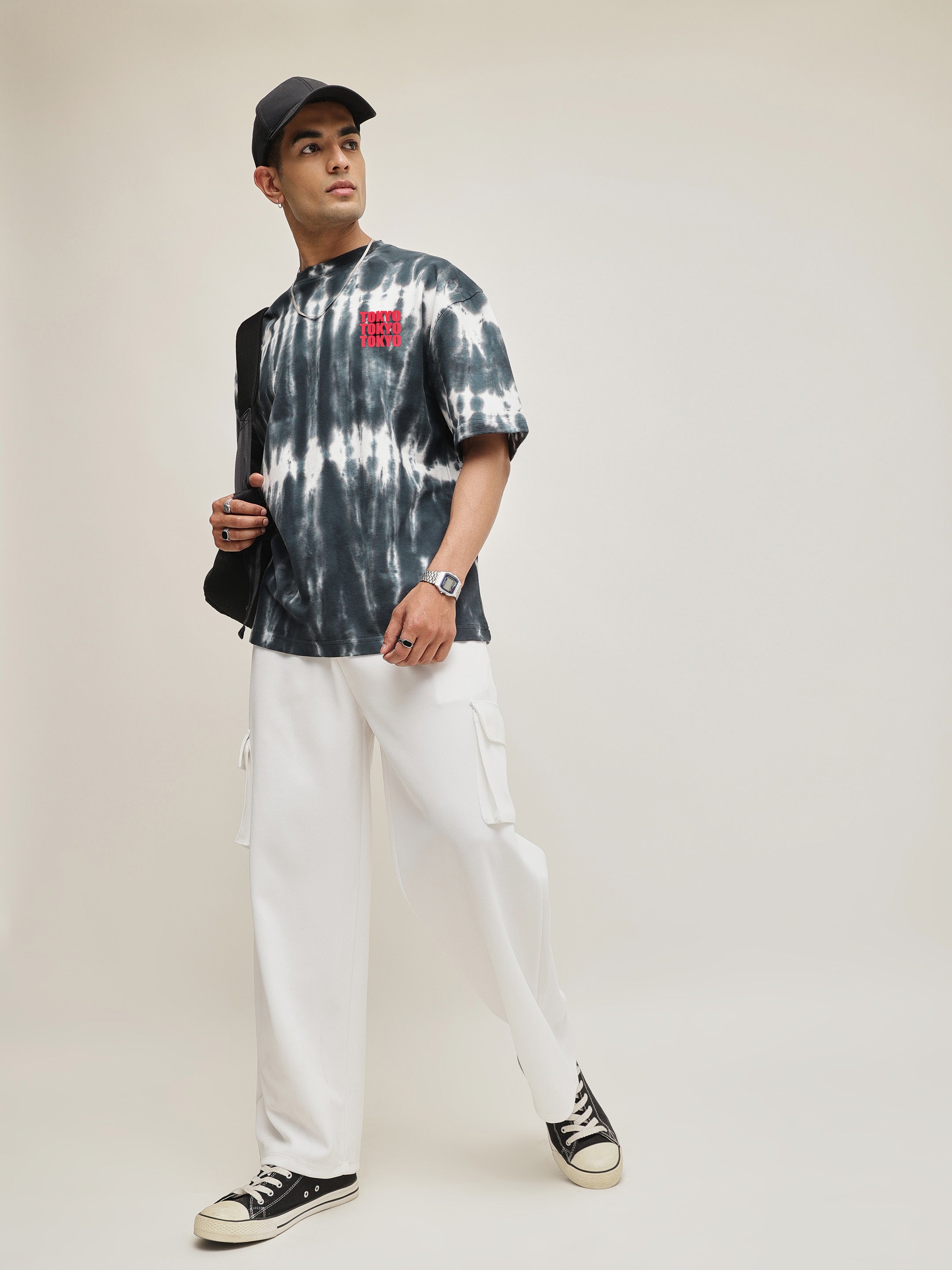 Men Black & White Tie-dye TOKYO Oversize T-Shirt