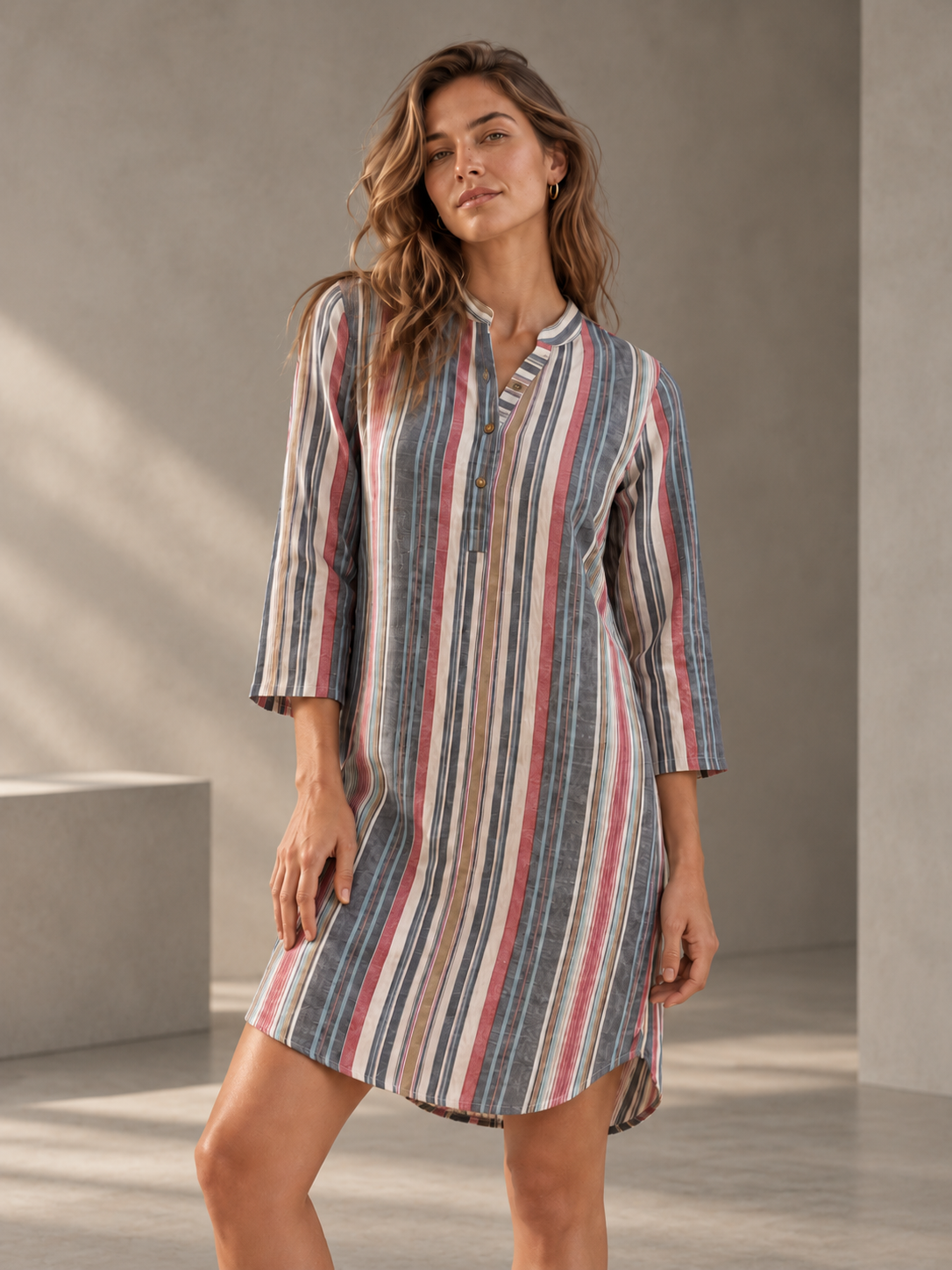 Women Multi Textured Retro Stripe Straight Dress