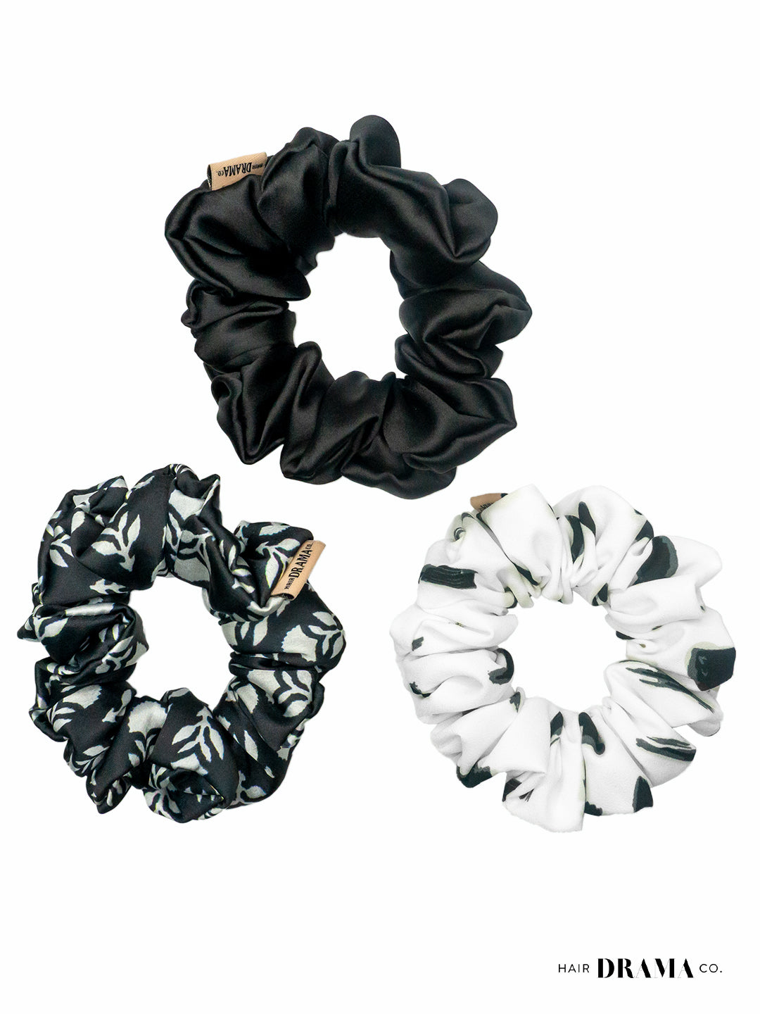 Black & White Printed Satin Srunchies