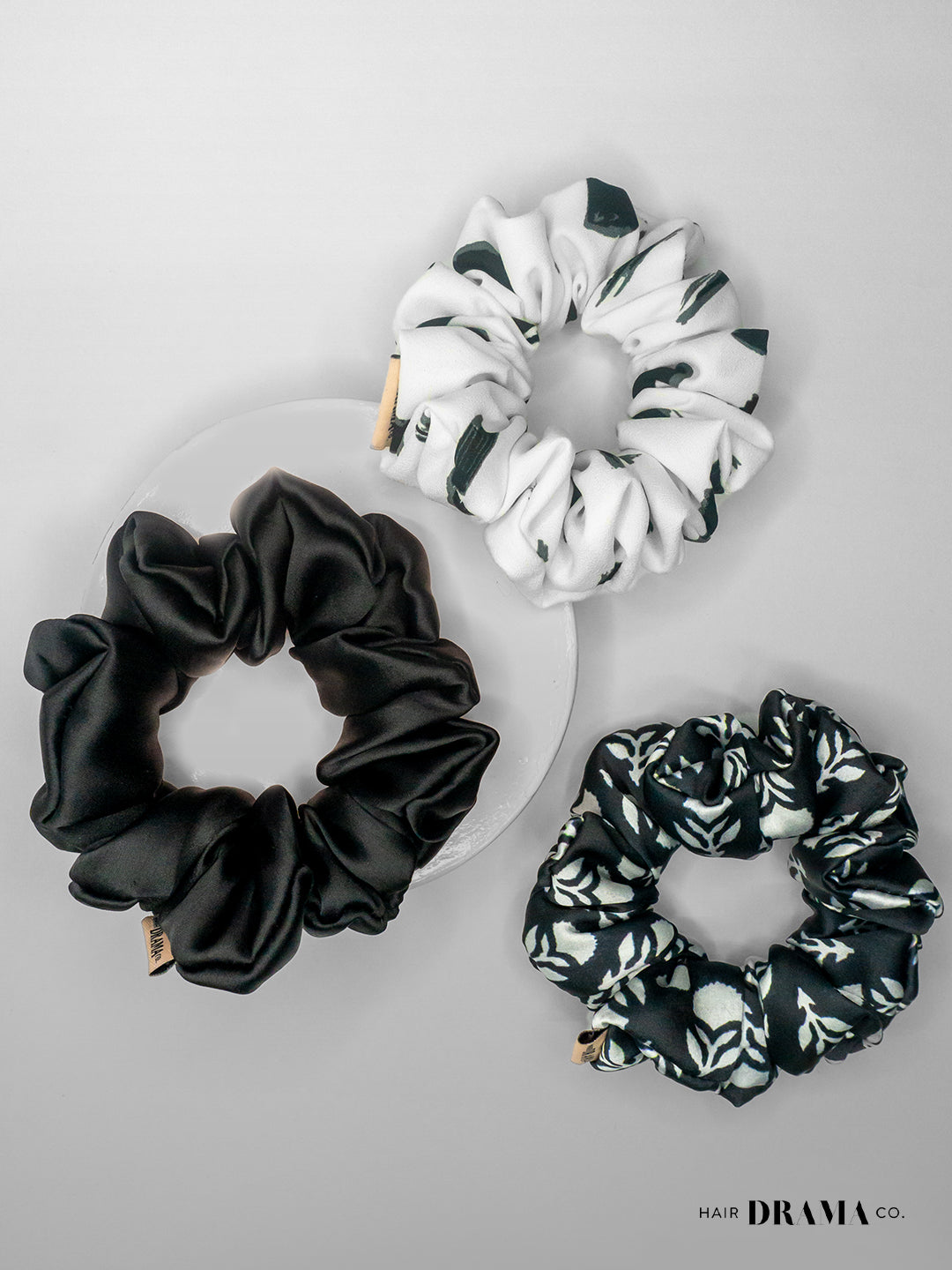Black & White Printed Satin Srunchies