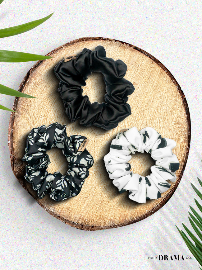 Black & White Printed Satin Srunchies
